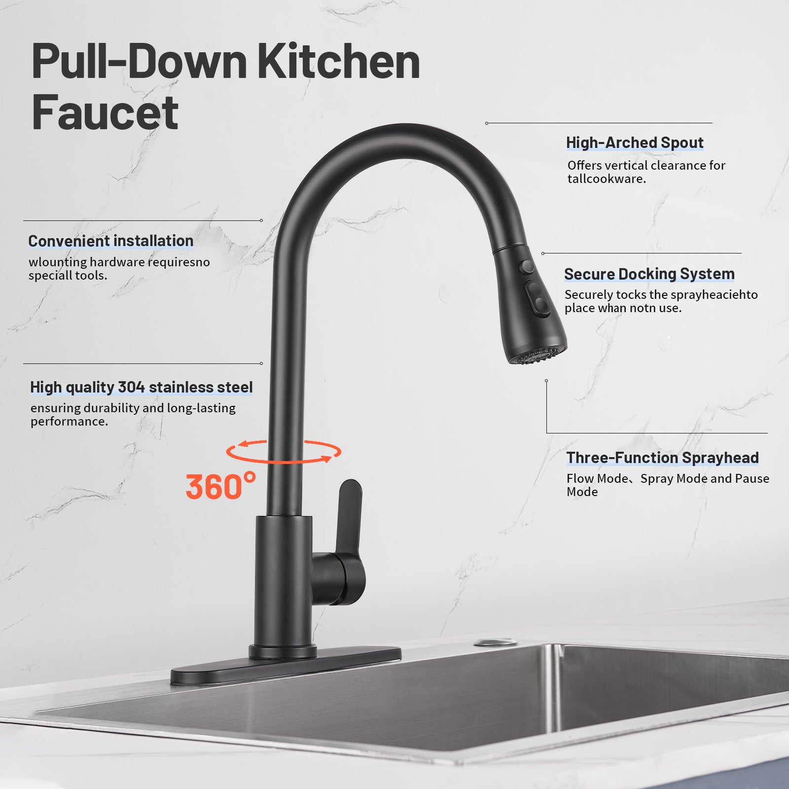 Gooseneck Single-Handle Pull Down Sprayer Kitchen Faucet with Deckplate and Sweep Spray Pull Out Sink Faucet in Black
