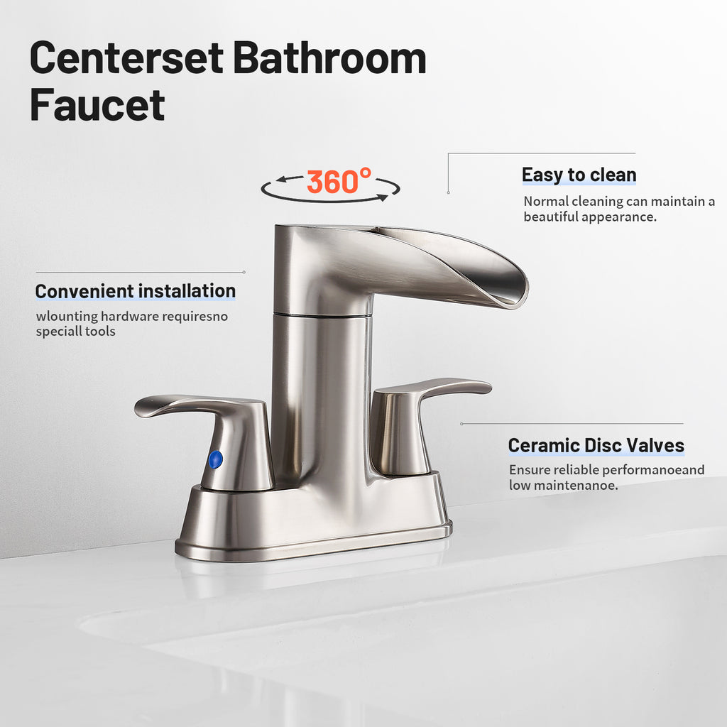 Rotatable 4 in. Centerset Double Bathroom Faucet with Drain kit Included Waterfall Lavatory in Brushed Nickel