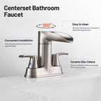Rotatable 4 in. Centerset Double Bathroom Faucet with Drain kit Included Waterfall Lavatory in Brushed Nickel