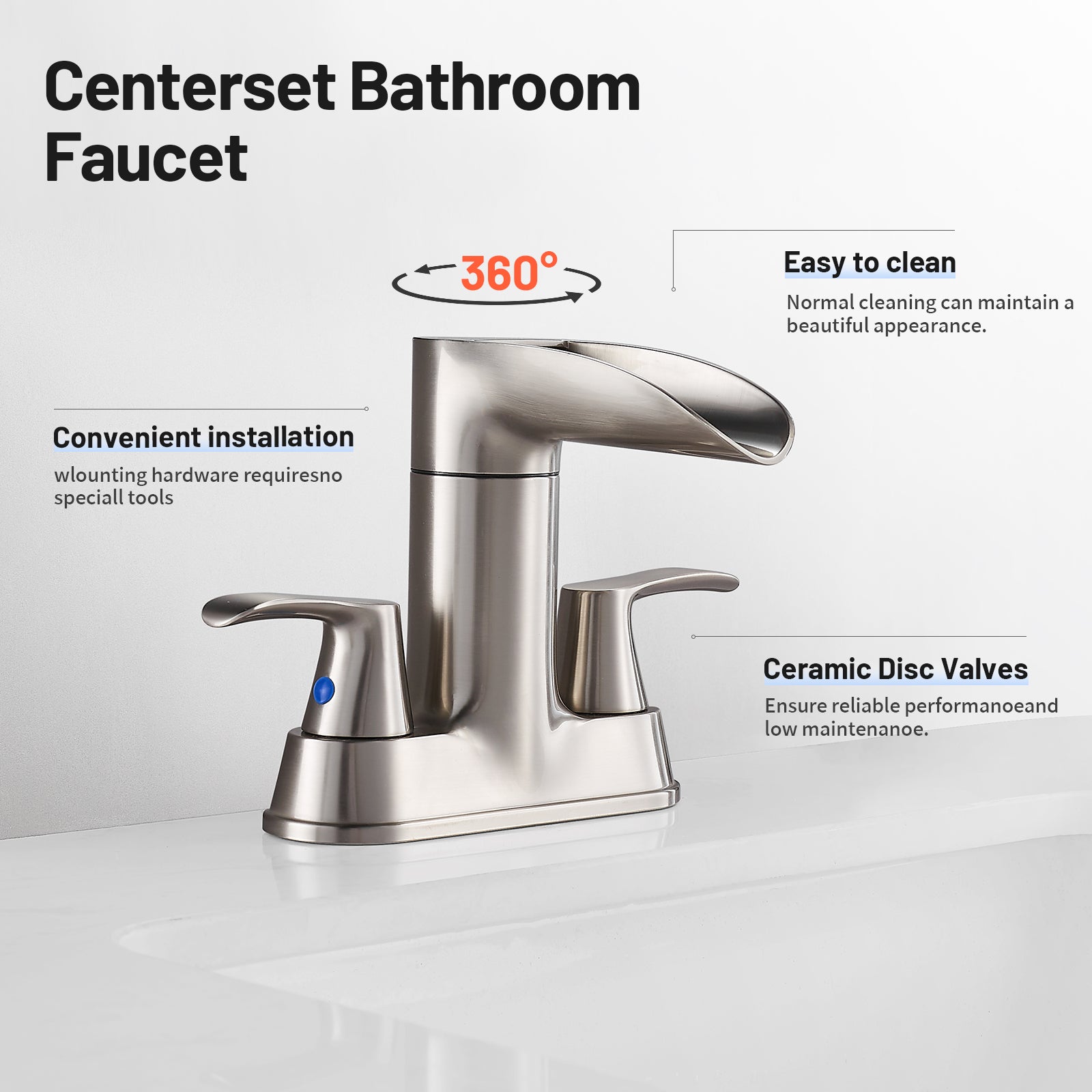 Rotatable 4 in. Centerset Double Bathroom Faucet with Drain kit Included Waterfall Lavatory in Brushed Nickel