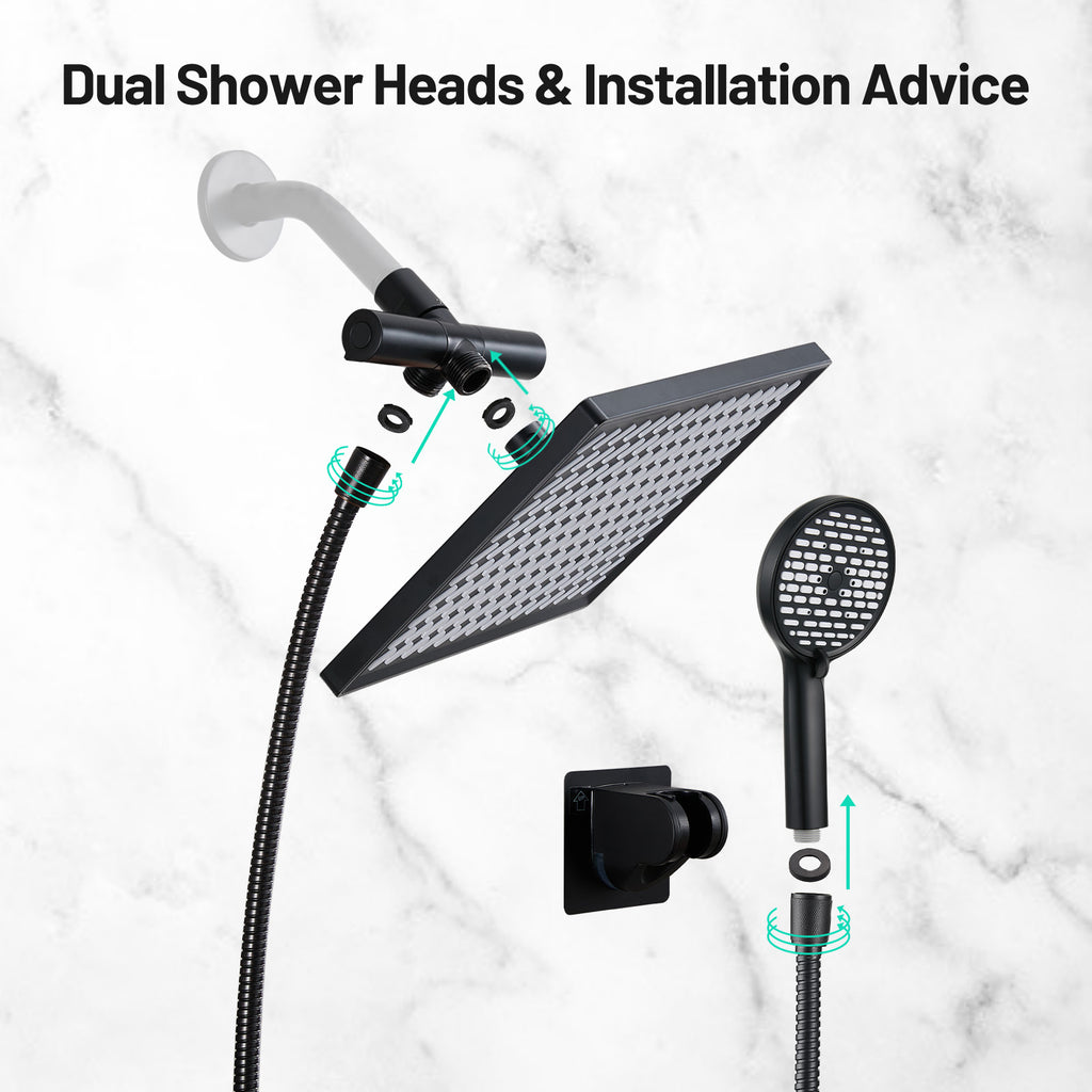 Rainfall Shower Head Combo 6-Spray 12 in. Wall Mount Dual Shower Heads and Handheld Shower Head with 1.8 GPM in Black