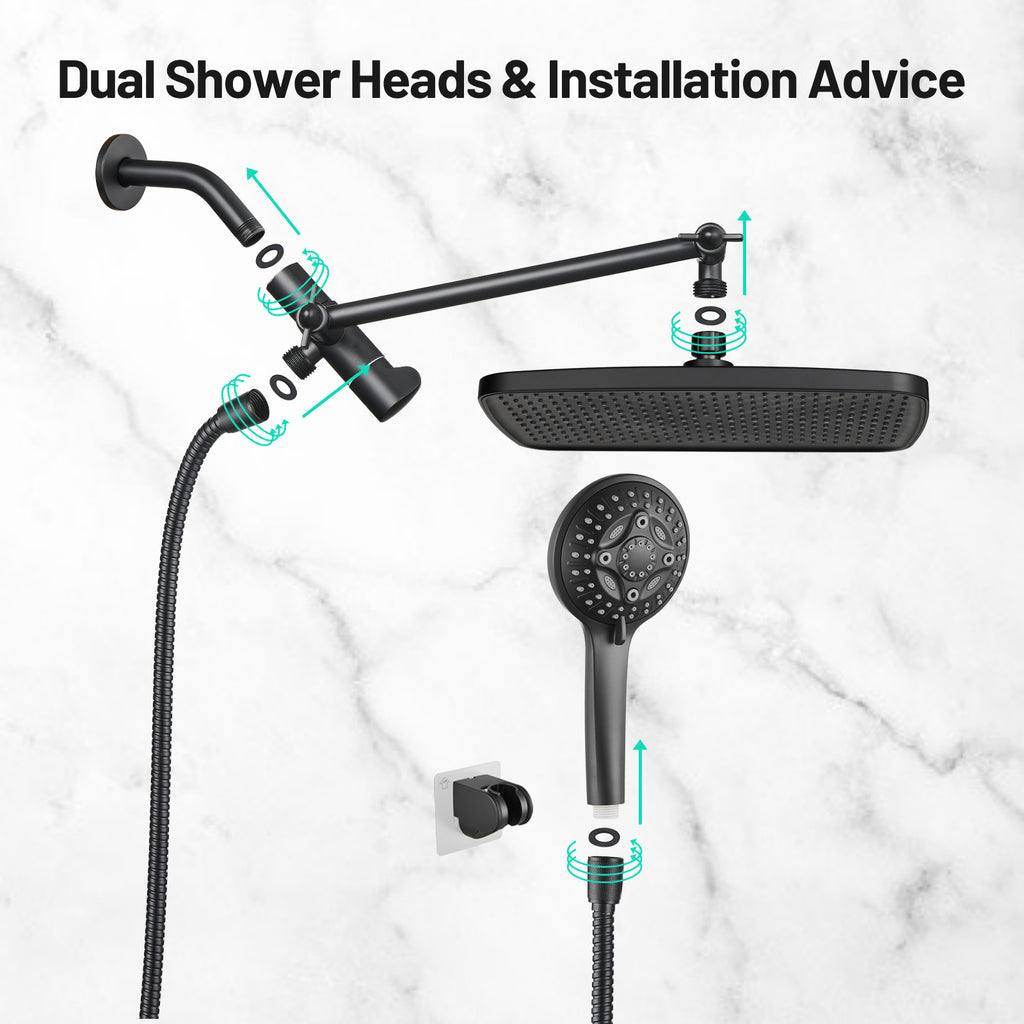 Rainfull 2-in-1 8-Spray Patterns with 1.8 GPM 12 in. Wall Mount Dual Shower Head and Handheld Shower Head in Black