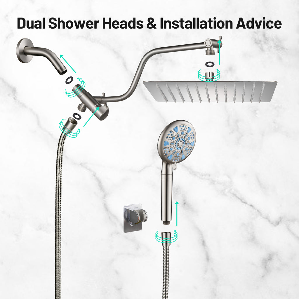Rainfull 5-Spray Patterns 10 in. Wall Mount Dual Shower Heads and Handheld Shower Head 1.8 GPM in Brushed Nickel