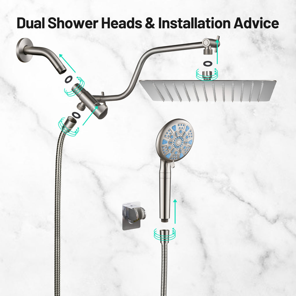 Rainfull 2-in-1 9-Spray Patterns Adjustable Wall Mount Shower Head with Filter 2.5 GPM and Handheld Shower Head in Nickel