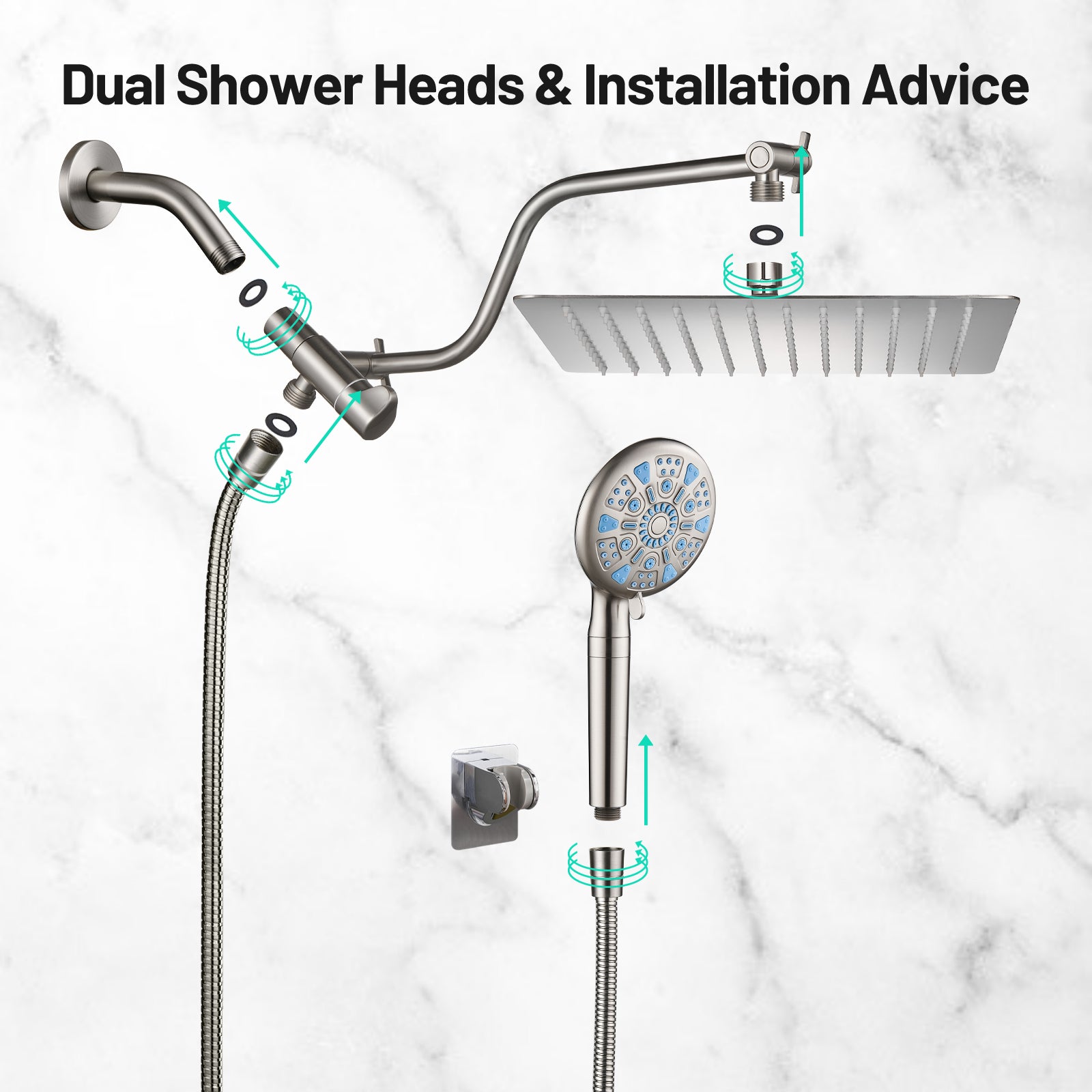 Rainfull 2-in-1 9-Spray Patterns Adjustable Wall Mount Shower Head with Filter 2.5 GPM and Handheld Shower Head in Nickel