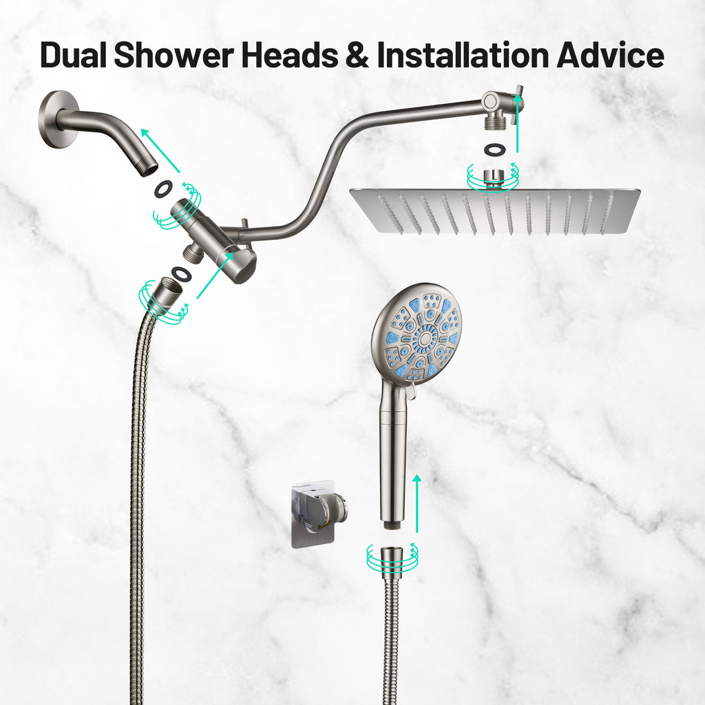 Rainfull 2-in-1 9-Spray Patterns Adjustable Wall Mount Shower Head with Filter 2.5 GPM and Handheld Shower Head in Nickel