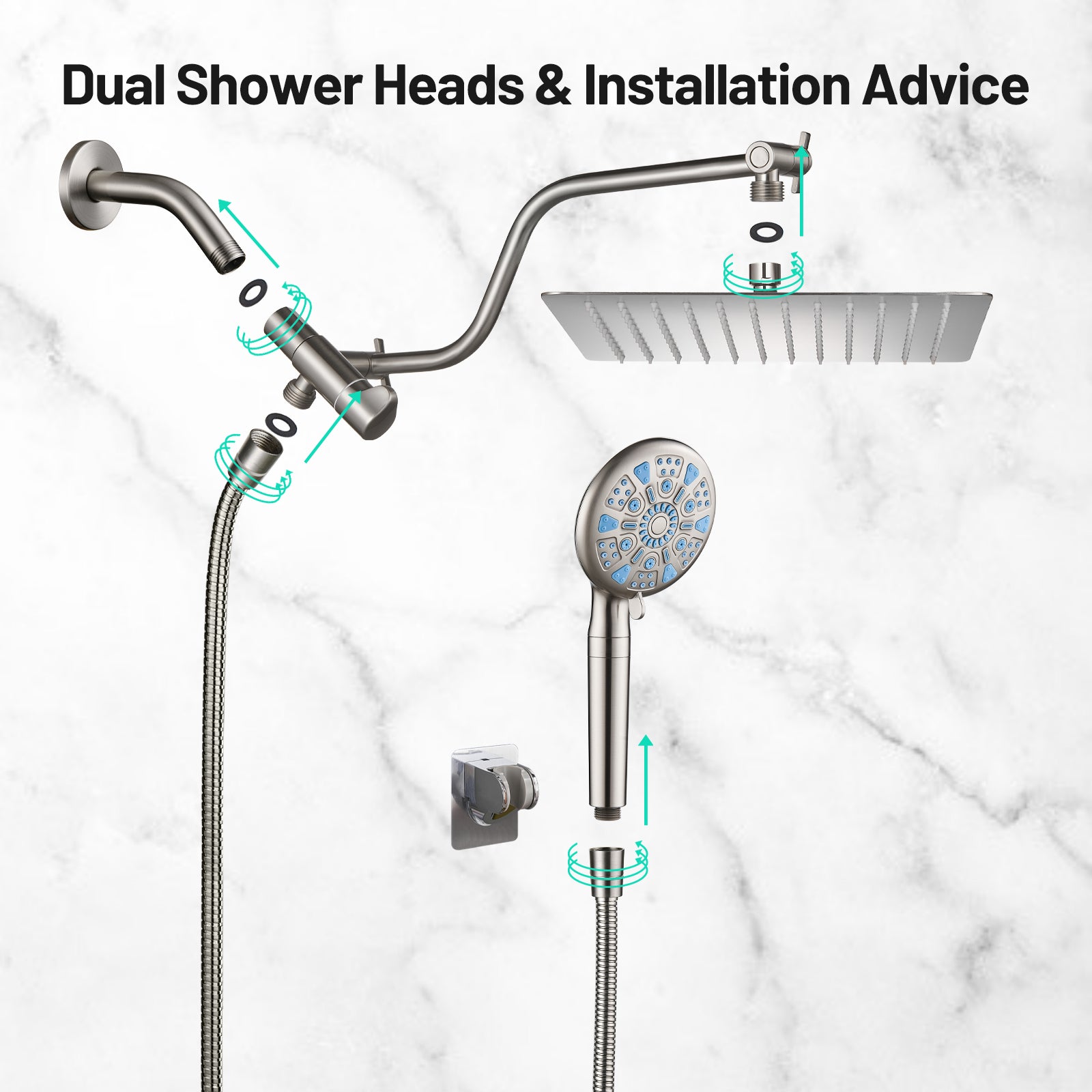Rain Shower Head Combo 1.8 GPM 5-Spray 8 " Wall Mount Dual Shower Heads and Handheld Shower Head in Brushed Nicke