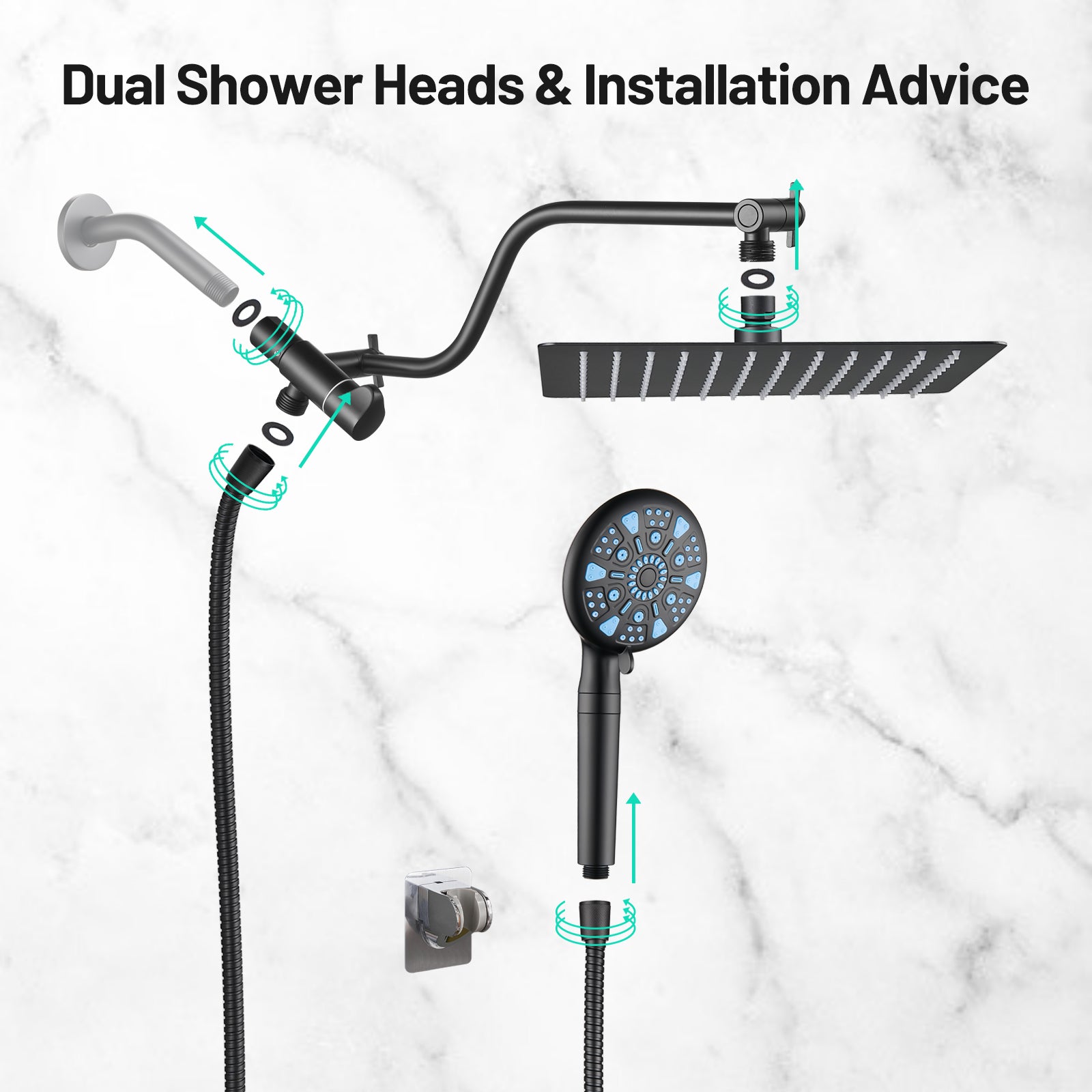 Rainfull 2-in-1 9-Spray Patterns Adjustable Wall Mount Shower Head with Filter 2.5 GPM and Handheld Shower Head in Black