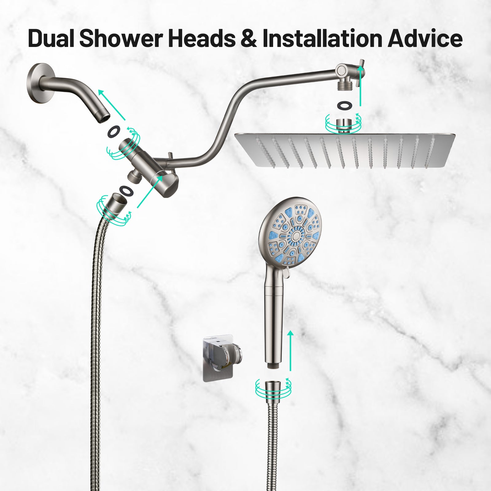 Rainfull 2-in-1 9-Spray Patterns Adjustable Wall Mount Shower Head with Filter 2.5 GPM and Handheld Shower Head in Nickel