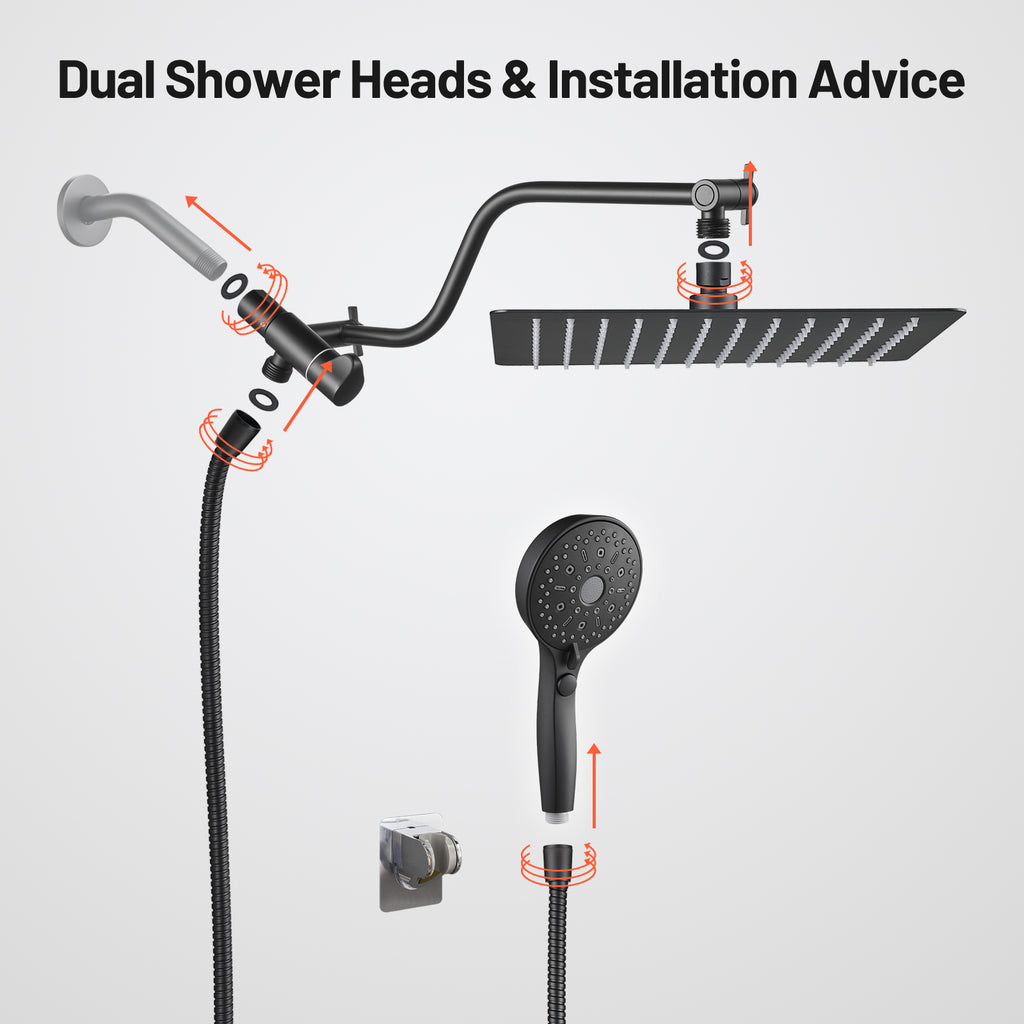 Rainfall Shower Head Combo 12-Spray 12 in. Wall Mount Dual Shower Heads and Handheld Shower Head with 1.8 GPM in Black