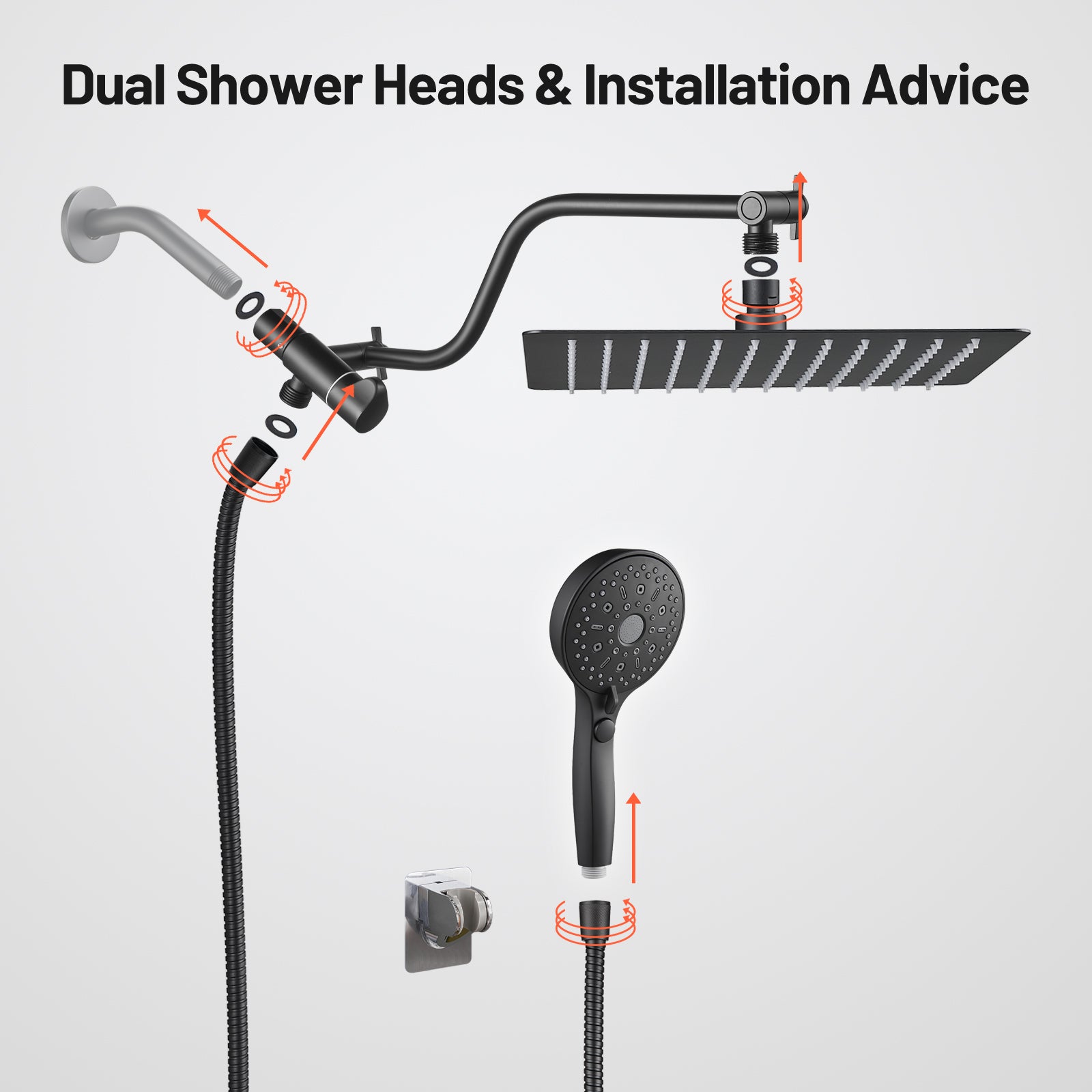 Rainfall Shower Head Combo 12-Spray 12 in. Wall Mount Dual Shower Heads and Handheld Shower Head with 1.8 GPM in Black