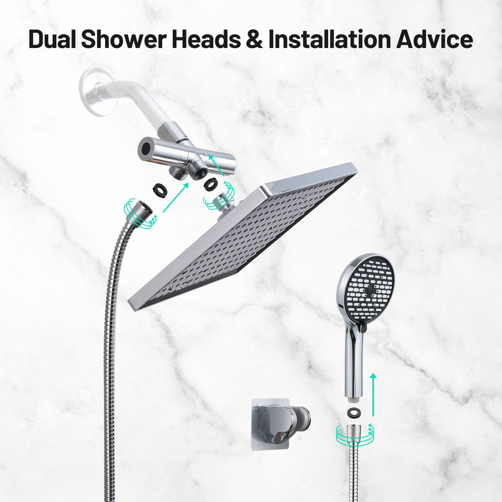 Rainfall Shower Head Combo 6-Spray 12 in. Wall Mount Dual Shower Heads and Handheld Shower Head with 1.8 GPM in Chrome