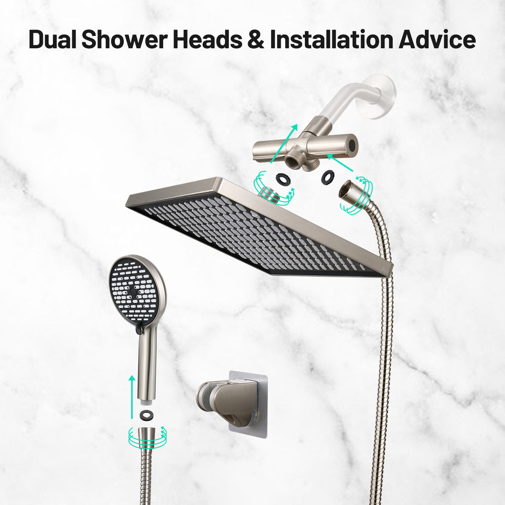 Rainfall Shower Head Combo 6-Spray 12 in. Wall Mount Dual Shower Heads and Handheld Head with 1.8 GPM in Brushed Nickel