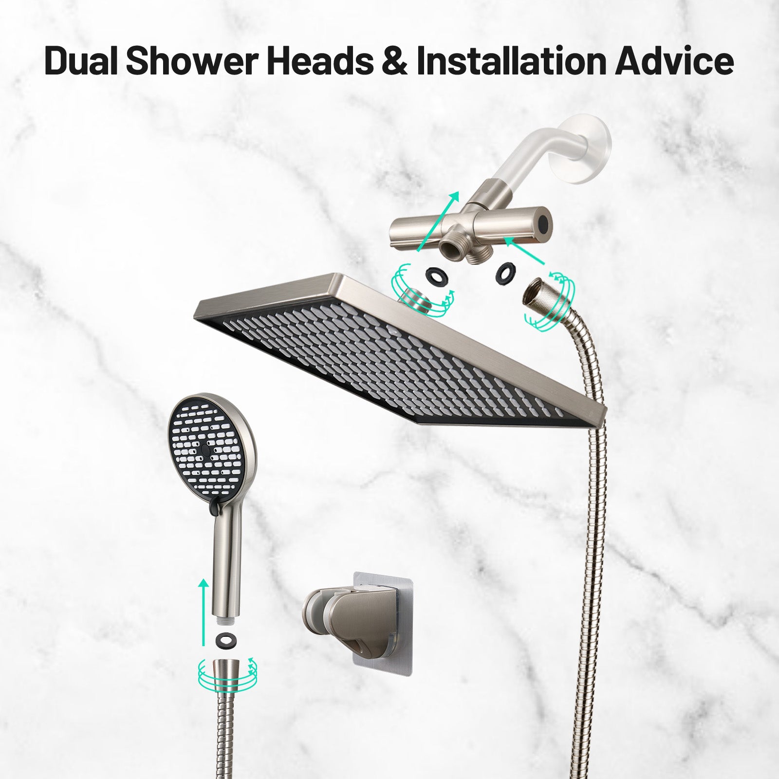 Rainfall Shower Head Combo 6-Spray 12 in. Wall Mount Dual Shower Heads and Handheld Head with 1.8 GPM in Brushed Nickel