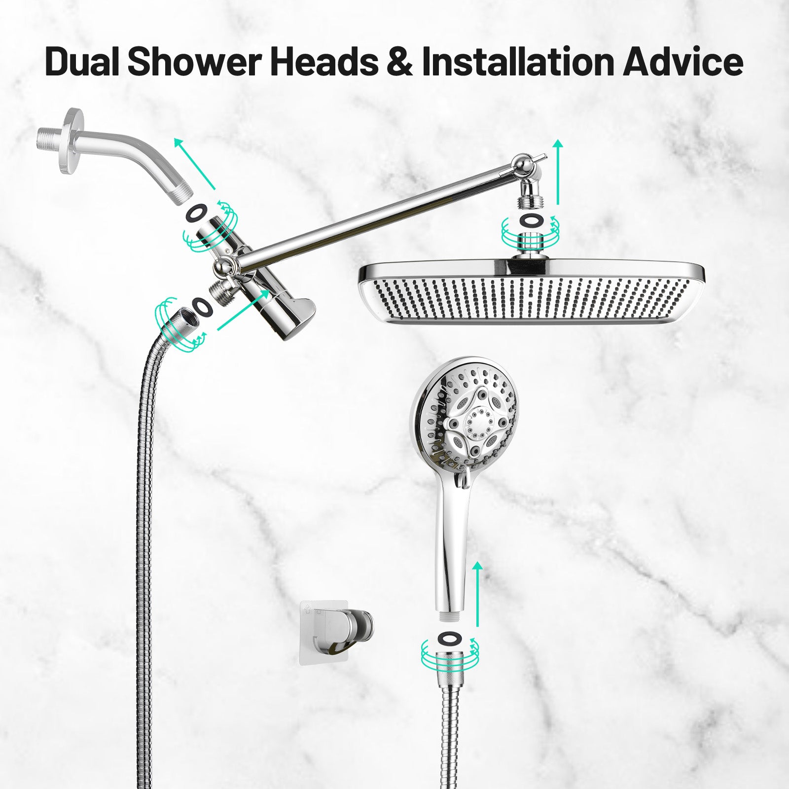 Rainfull 2-in-1 8-Spray Patterns with 1.8 GPM 12 in. Wall Mount Dual Shower Head and Handheld Shower Head in Chrome
