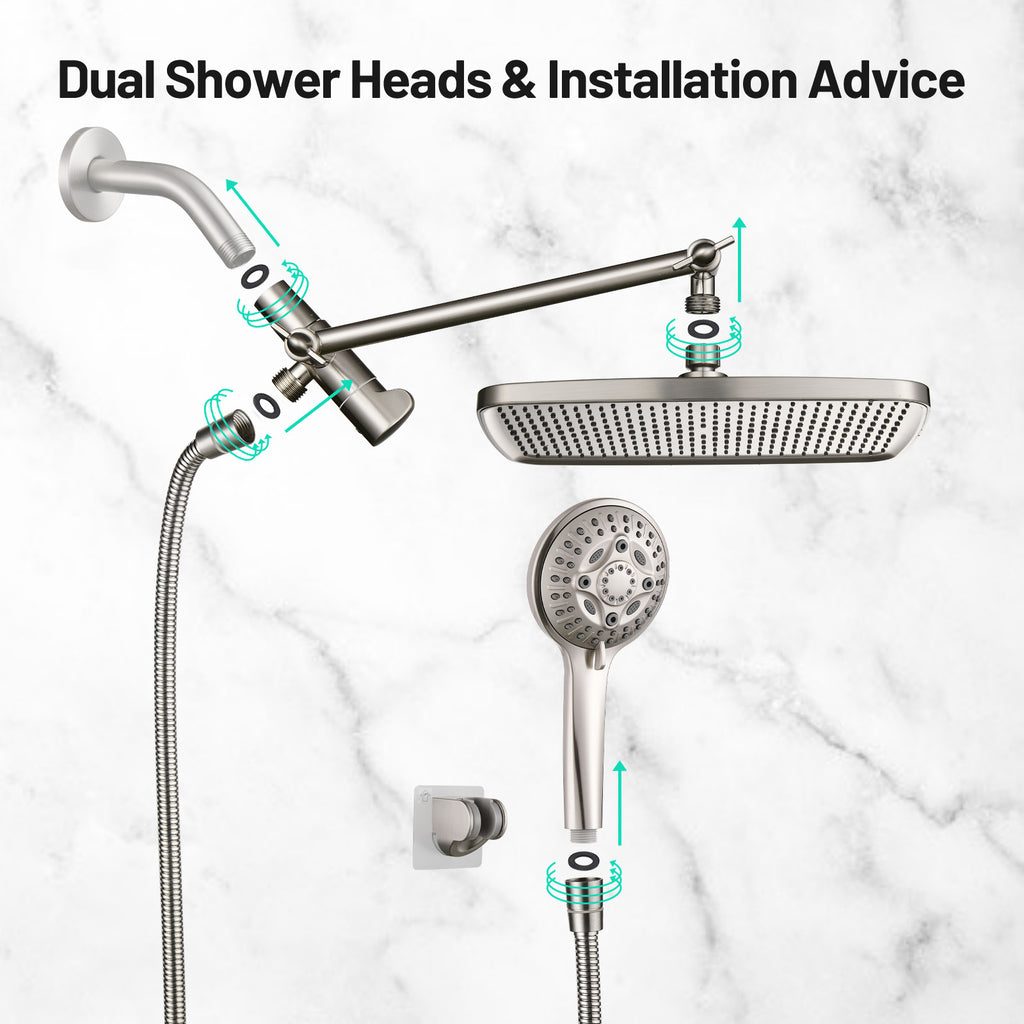 Rainfull 2-in-1 8-spray with 1.8 GPM 12 in.  Wall Mount Dual Shower Head and Handheld Shower Head in Brushed Nickel