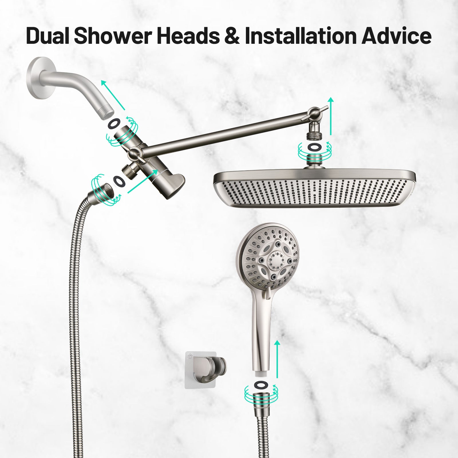Rainfull 2-in-1 8-spray with 1.8 GPM 12 in.  Wall Mount Dual Shower Head and Handheld Shower Head in Brushed Nickel