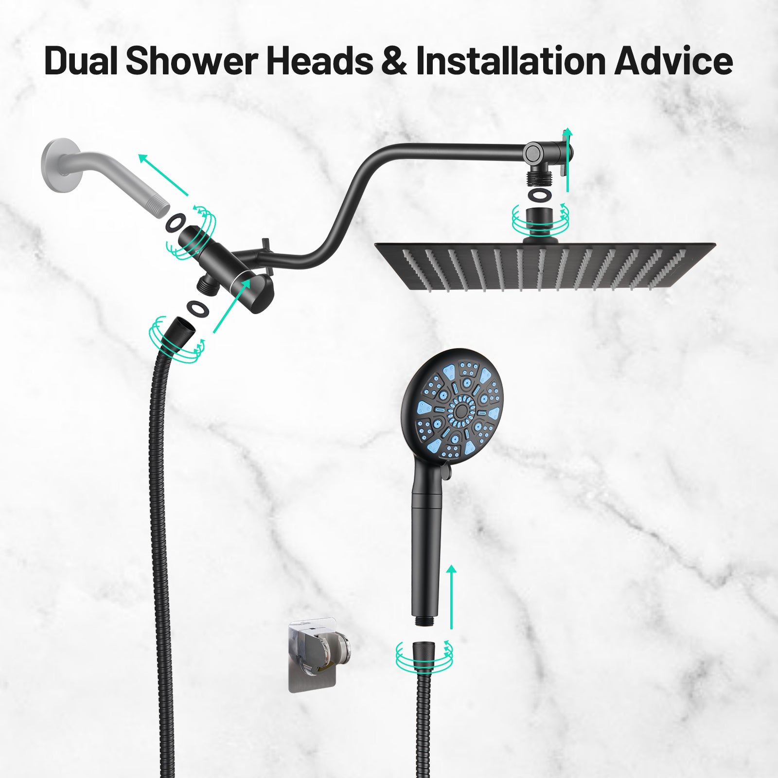 Rainfull 2-in-1 9-Spray Patterns Adjustable Wall Mount Shower Head with Filter 2.5 GPM and Handheld Shower Head in Black
