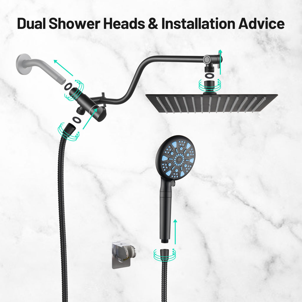 Rainfull 5-Spray Patterns 10 in. Wall Mount Dual Shower Heads and Handheld Shower Head 1.8 GPM in Matte Black