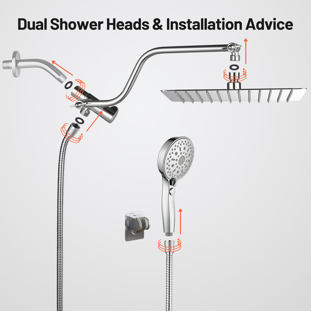 Rainfall Shower Head Combo 12-Spray 12 in. Wall Mount Dual Shower Heads and Handheld Shower Head with 1.8 GPM in Chrome