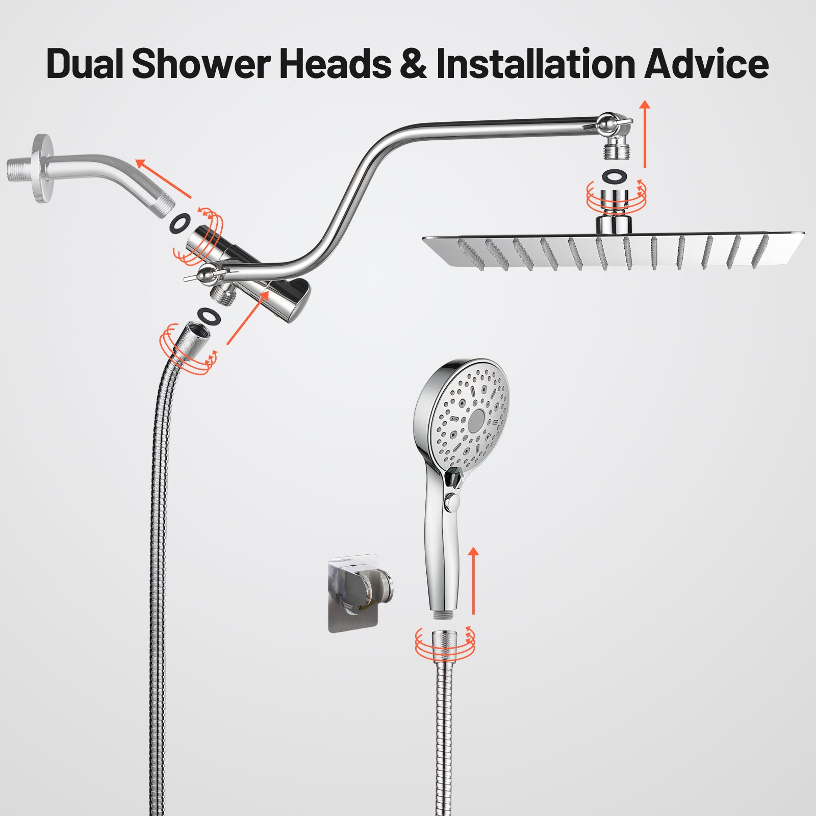 Rainfall Shower Head Combo 12-Spray 12 in. Wall Mount Dual Shower Heads and Handheld Shower Head with 1.8 GPM in Chrome