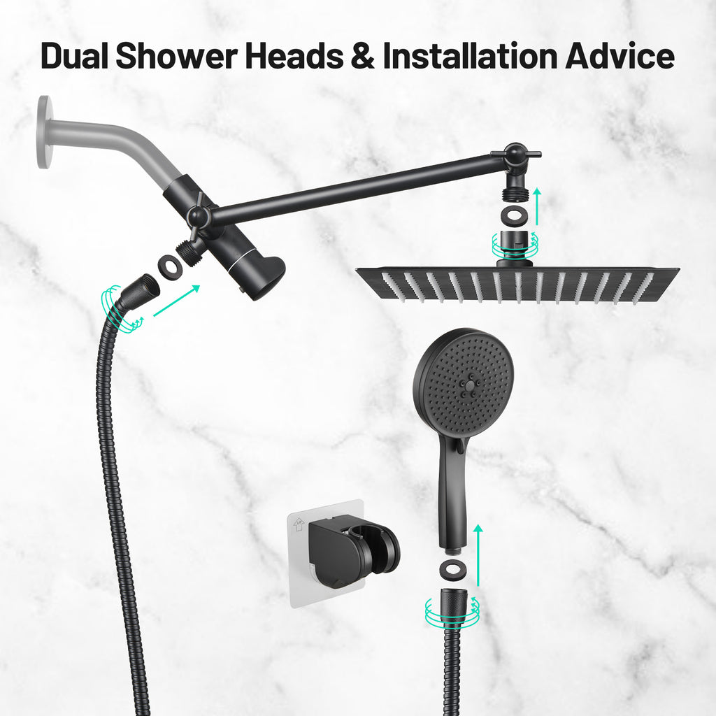 Rainfall Shower Head Combo 5-Spray 8 in. Wall Mount Dual Shower Heads and Handheld Shower Head with 1.8 GPM in Black