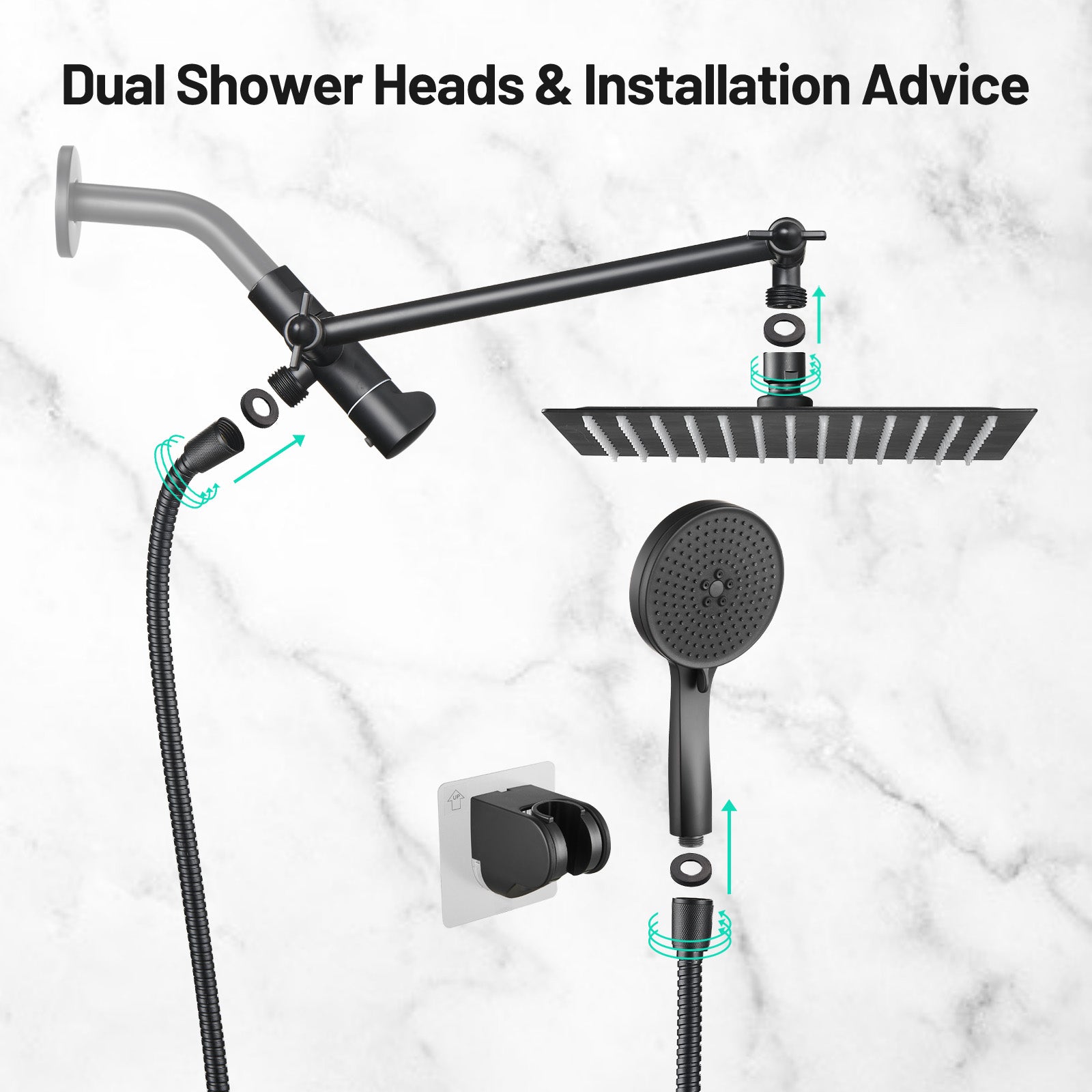 Rainfall Shower Head Combo 5-Spray 8 in. Wall Mount Dual Shower Heads and Handheld Shower Head with 1.8 GPM in Black
