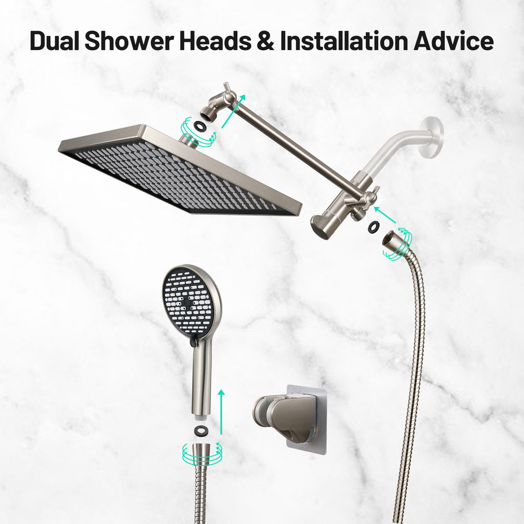 Rainfall Shower Head Combo 6-Spray 12 in. Wall Mount Dual Shower Heads and Handheld Head with 1.8 GPM in Brushed Nickel