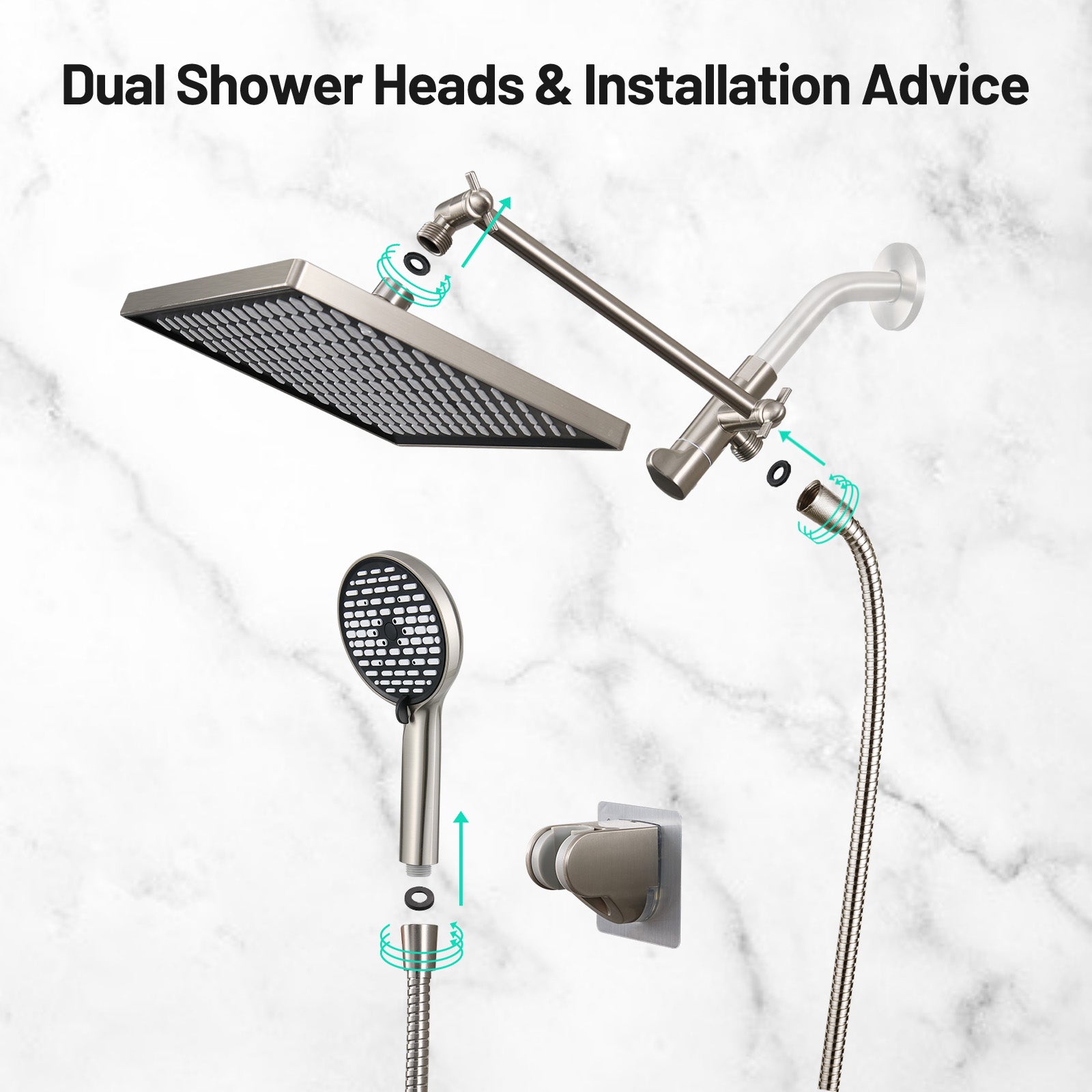 Rainfall Shower Head Combo 6-Spray 12 in. Wall Mount Dual Shower Heads and Handheld Head with 1.8 GPM in Brushed Nickel