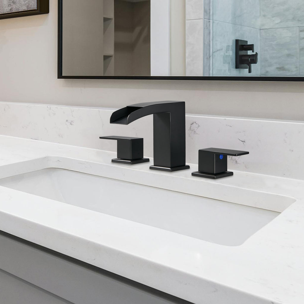 Waterfall 304 stainless steel 8 in. Widespread Double Handle Bathroom Faucet with Drain Kit Included in Matte Black