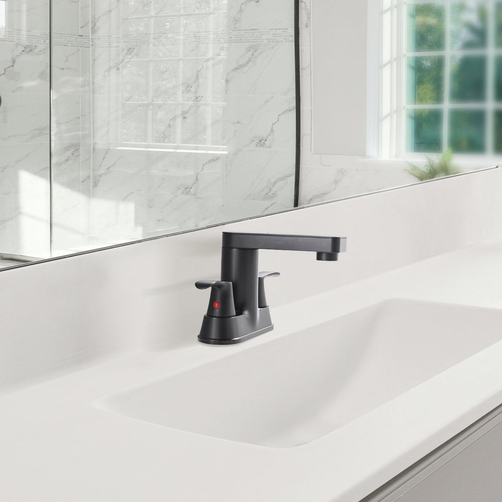 Rotatable 4 in. Centerset Double Handle Bathroom Faucet with Drain Kit Included in Matte Black