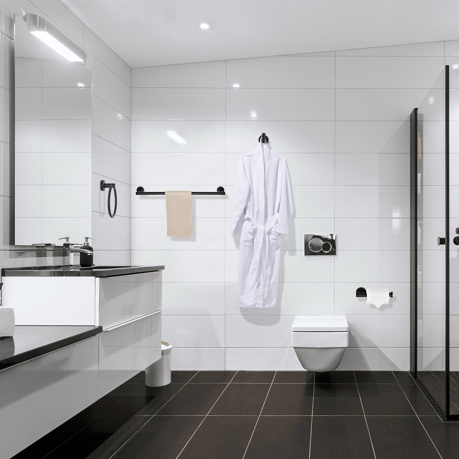 Modern 6-Pieces Stainless Steel Bath Hardware Set with Towel Ring Toilet Paper Holder Towel Hook and Towel Bar in Black
