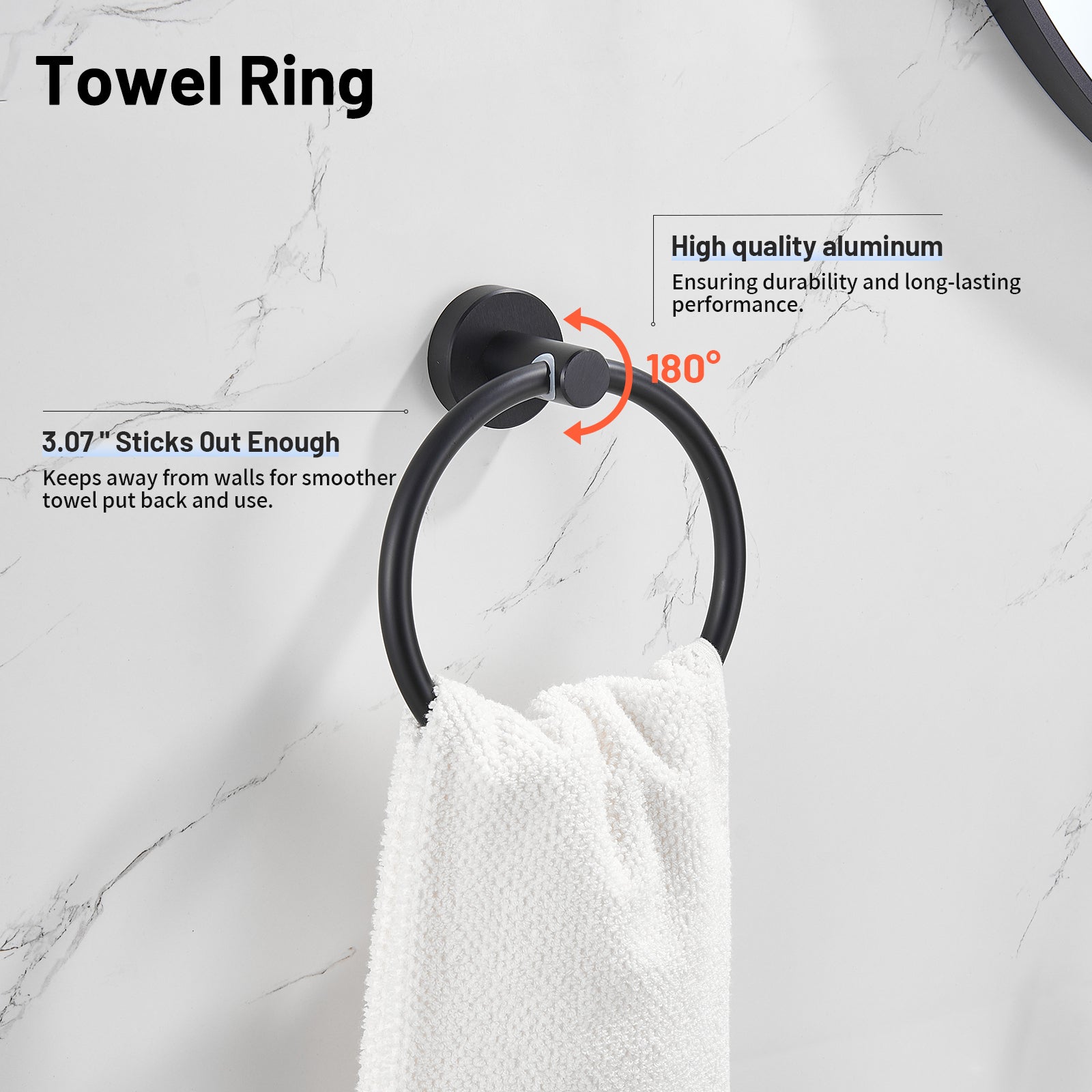 Modern 3-Piece Aluminum Bath Hardware Set with Retractable Towel Bar Towel Ring Toilet Paper Holder in Black