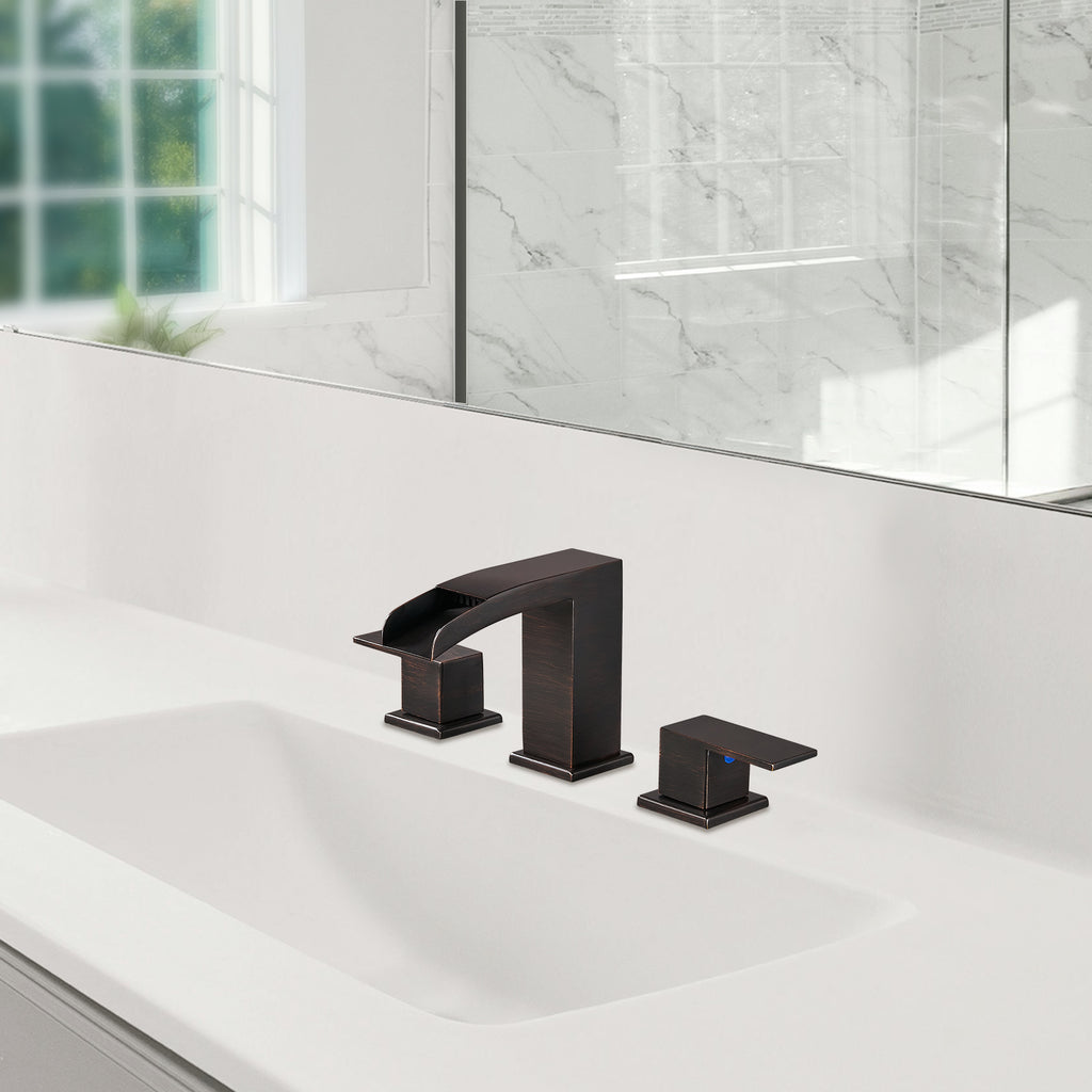 Waterfall 304 stainless steel 8 in. Widespread Double Handle Bathroom Faucet with Drain Kit Included in Oil Rubbed Bronze