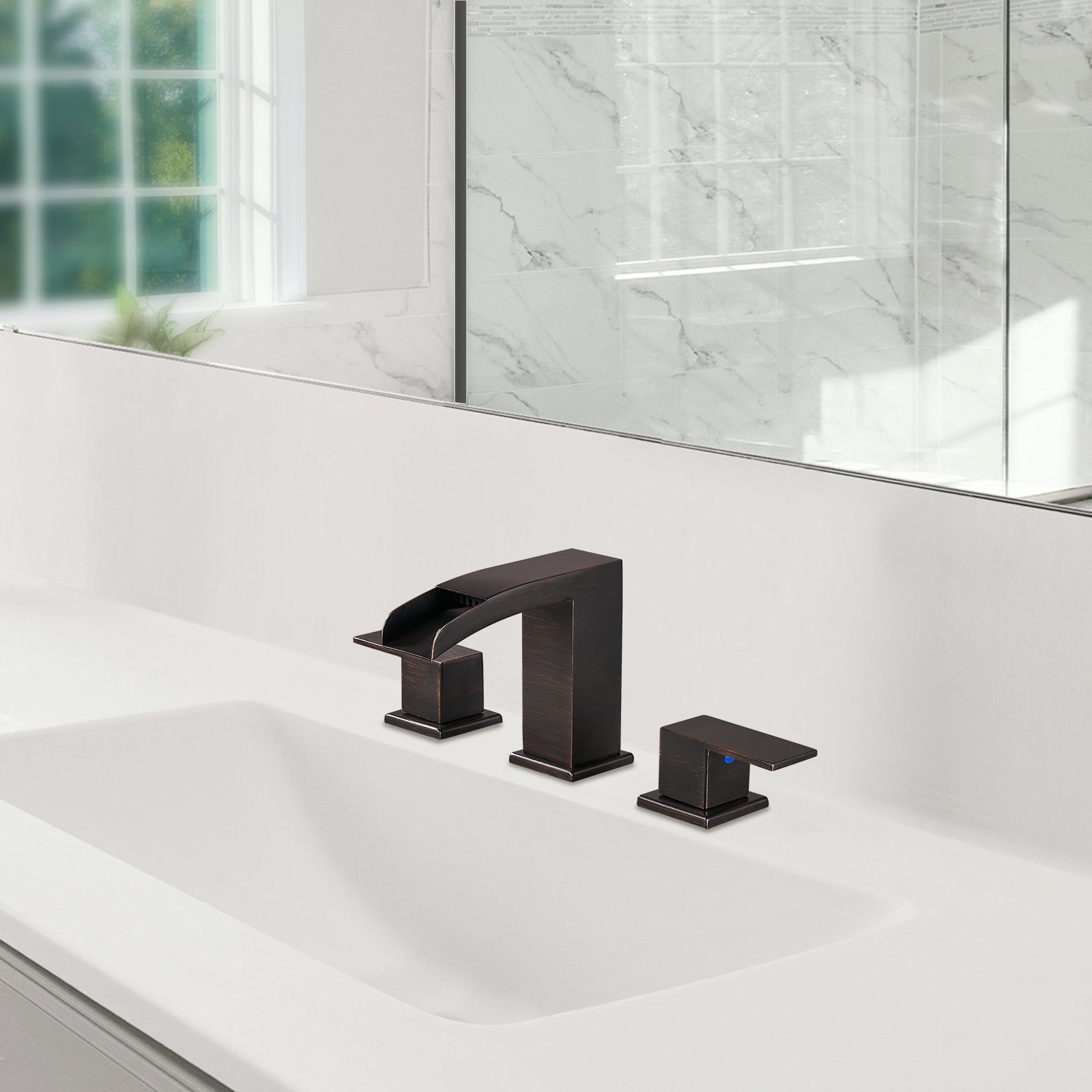 Waterfall 304 stainless steel 8 in. Widespread Double Handle Bathroom Faucet with Drain Kit Included in Oil Rubbed Bronze