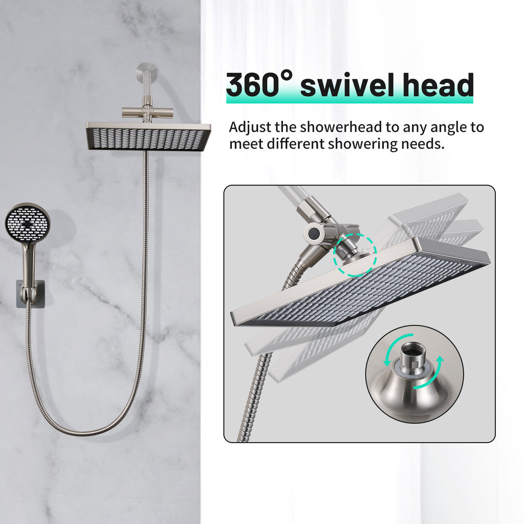 Rainfall Shower Head Combo 6-Spray 12 in. Wall Mount Dual Shower Heads and Handheld Head with 1.8 GPM in Brushed Nickel