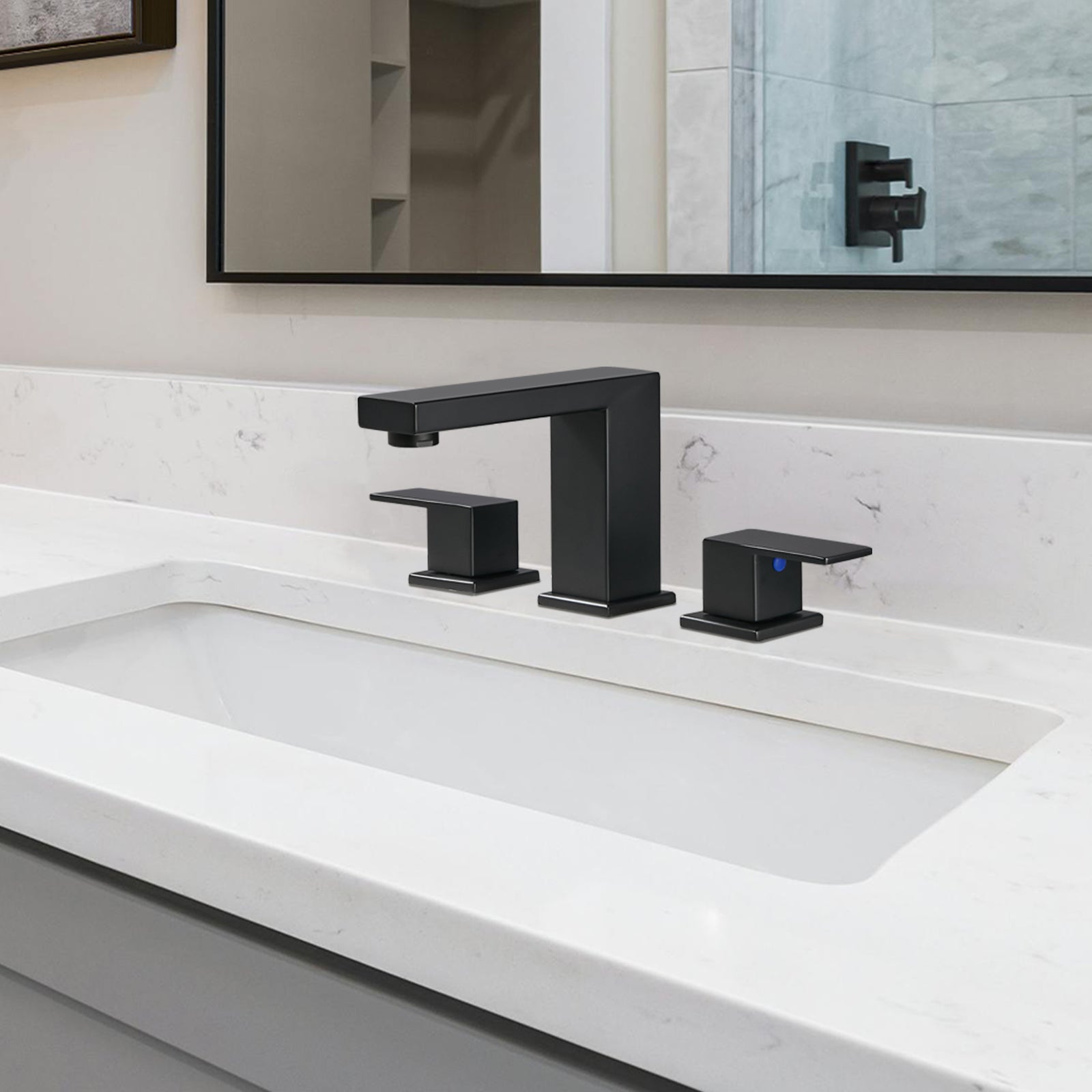 304 stainless steel 8 in. Widespread Double Handle Bathroom Faucet with Drain Kit Included in Matte Black