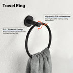 Modern 6-Pieces Stainless Steel Bath Hardware Set with Towel Ring Toilet Paper Holder Towel Hook and Towel Bar in Black