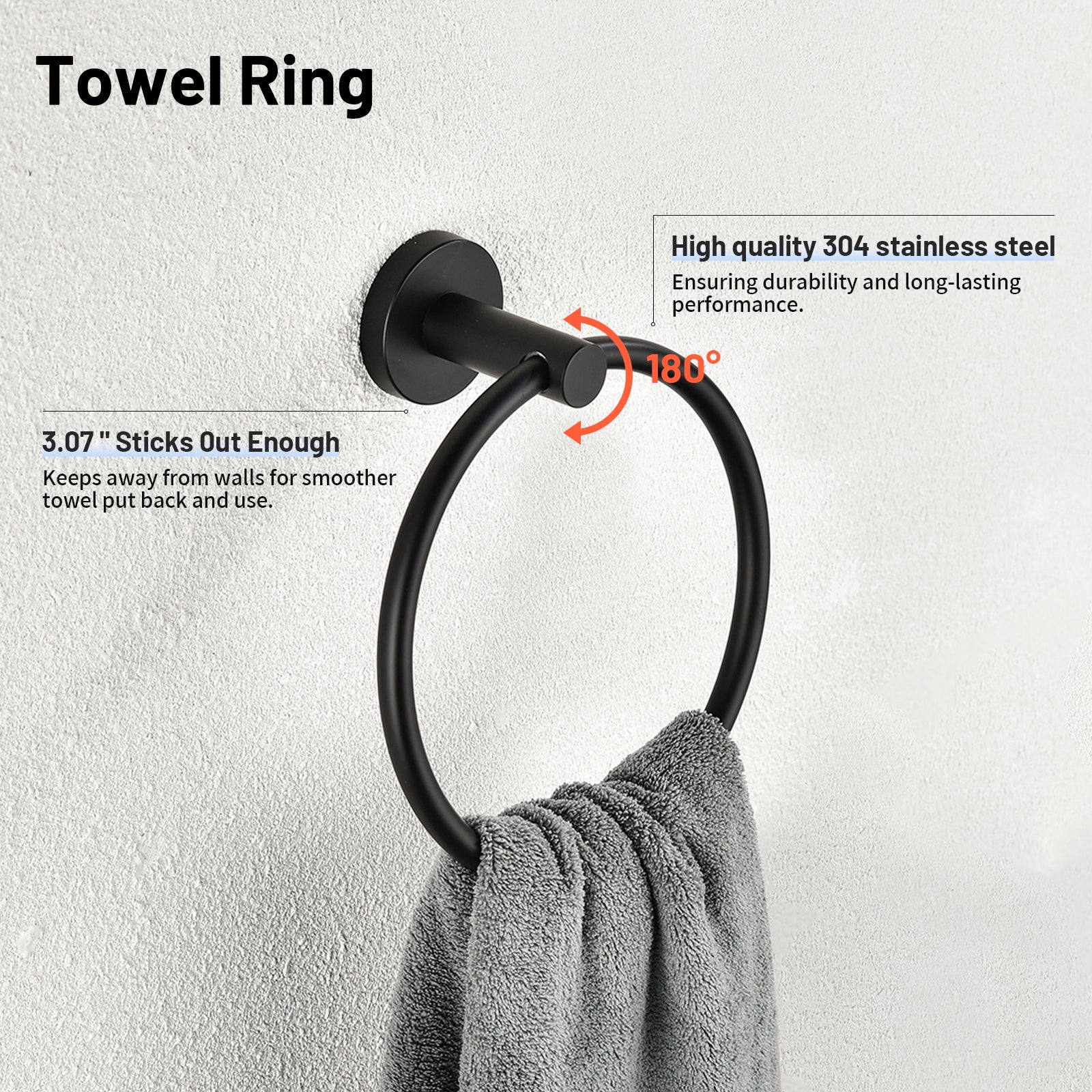 Modern 6-Pieces Stainless Steel Bath Hardware Set with Towel Ring Toilet Paper Holder Towel Hook and Towel Bar in Black