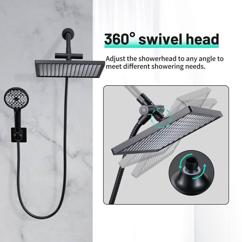 Rainfall Shower Head Combo 6-Spray 12 in. Wall Mount Dual Shower Heads and Handheld Shower Head with 1.8 GPM in Black