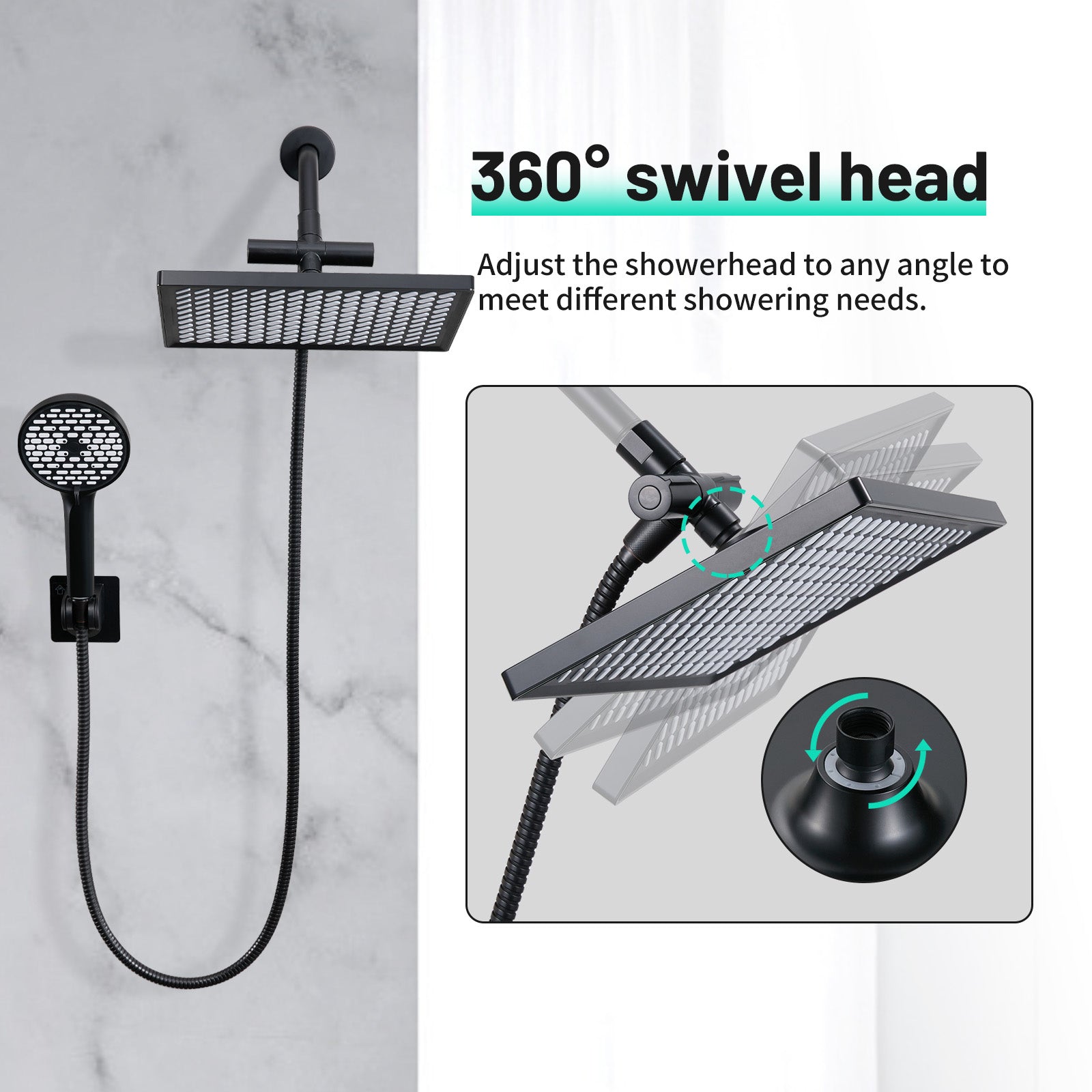 Rainfall Shower Head Combo 6-Spray 12 in. Wall Mount Dual Shower Heads and Handheld Shower Head with 1.8 GPM in Black