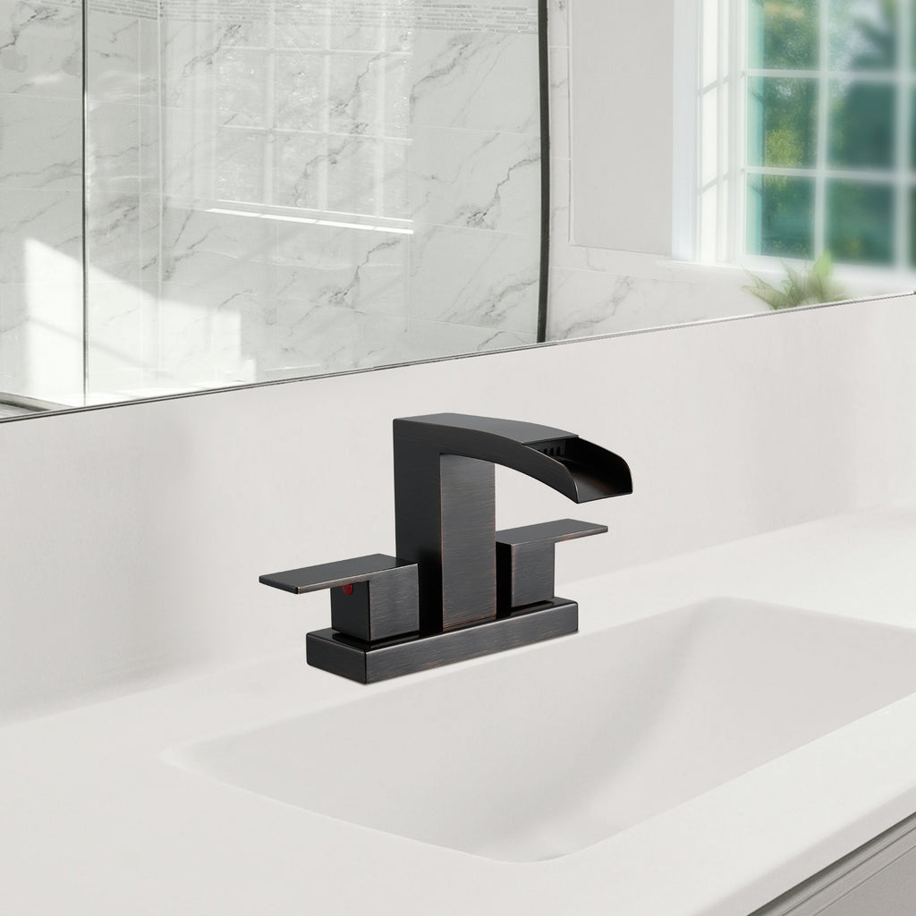 Waterfall 304 stainless steel 4 in. Centerset Double Handle Bathroom Faucet with Drain Kit Included in Oil Rubbed Bronze