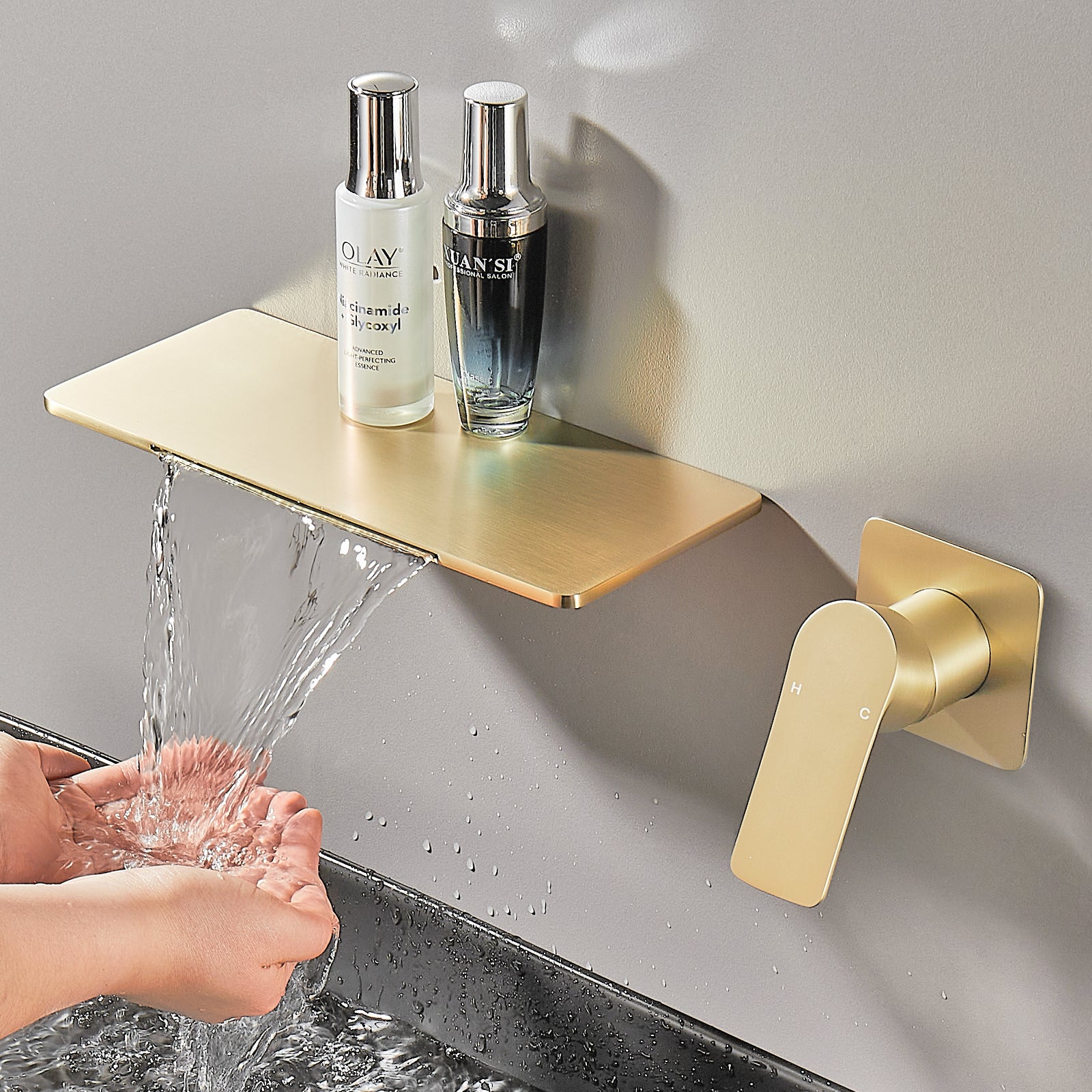 Single-Handle Rectangular Waterfall Wall Mounted Bathroom Faucet in  Gold