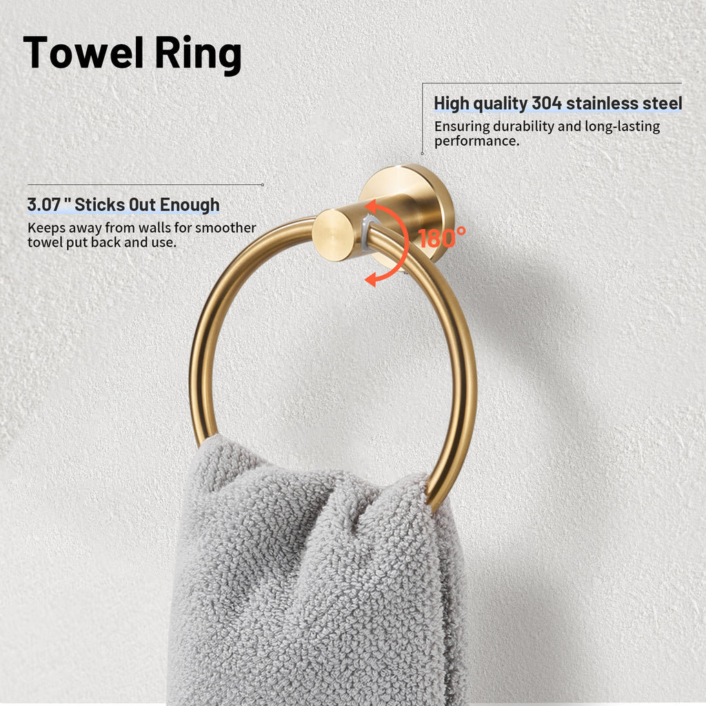 Modern 6-Pieces Stainless Steel Bath Hardware Set with Towel Ring Toilet Paper Holder Towel Hook and Towel Bar in Gold