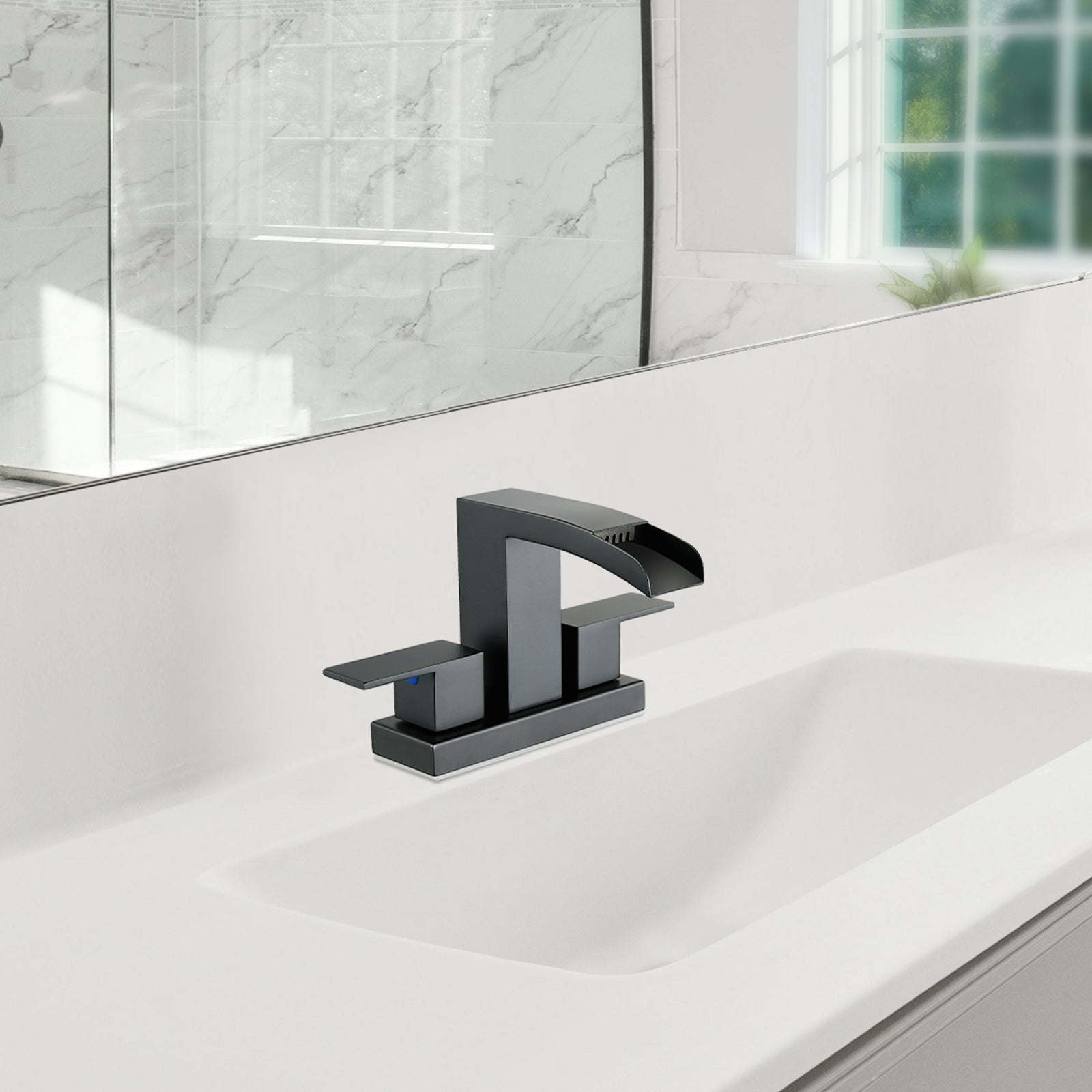 Waterfall Spout 304 stainless steel 4 in. Centerset Double Handle Bathroom Faucet with Drain Kit Included in Matte Black