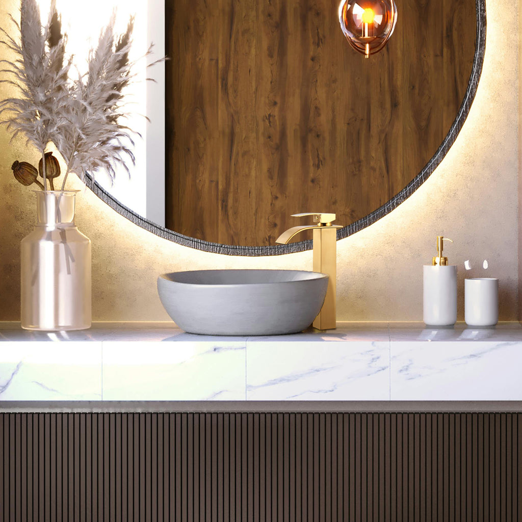 High Arc Waterfall Single Handle Single Hole Bathroom Faucet with Drain Kit Included in Brushed Gold