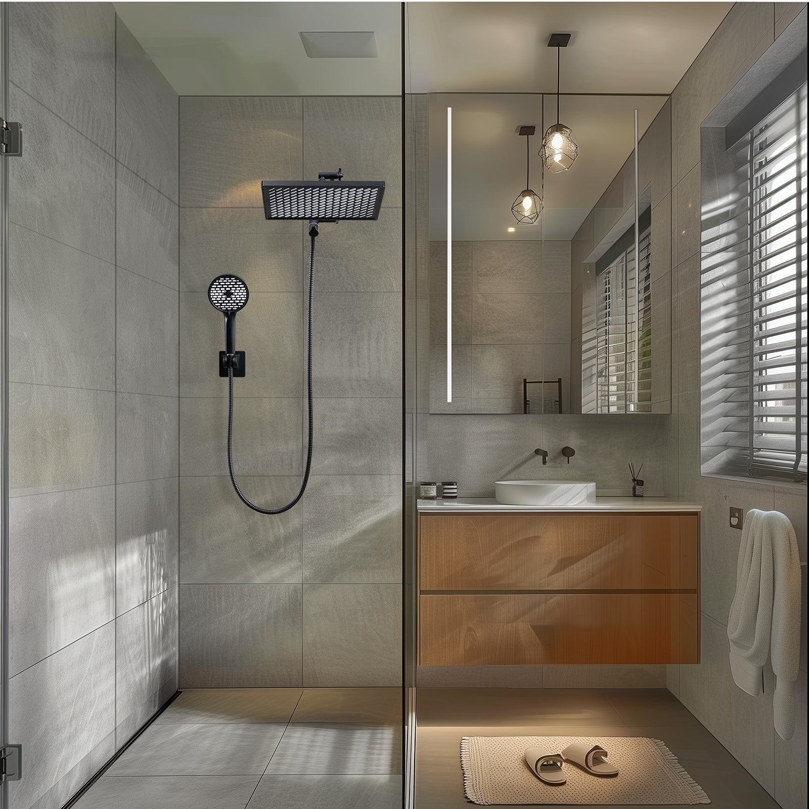 Rainfull 2-in-1 6-Spray 12 in. Wall Mount filtered Dual Shower Head Fixed and Handheld Shower Head 1.8  GPM in Black