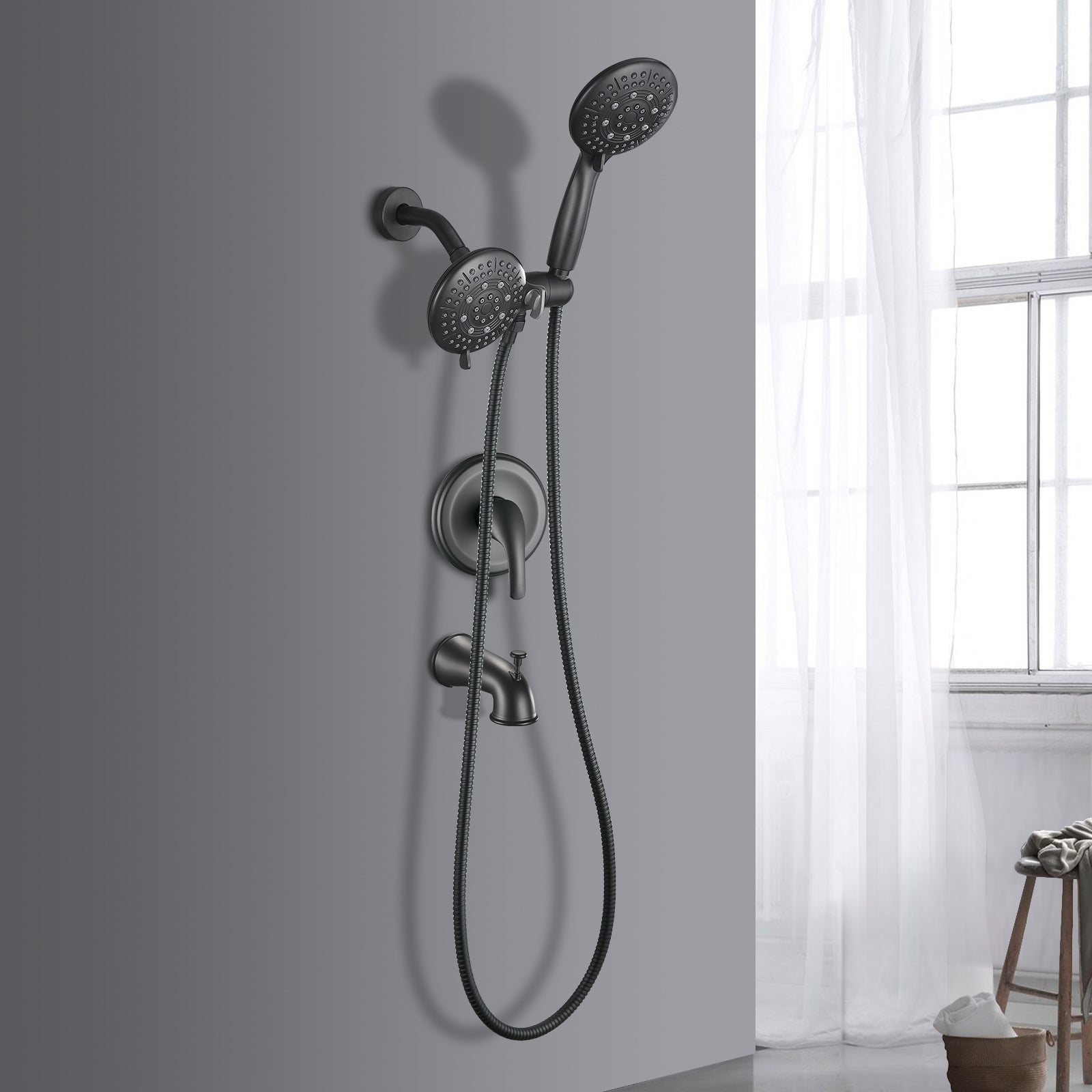 Rain Single Handle 5-Spray Tub Shower Faucet Handheld Combo with Valve 1.8 GPM Adjustable Dual shower Heads in Black