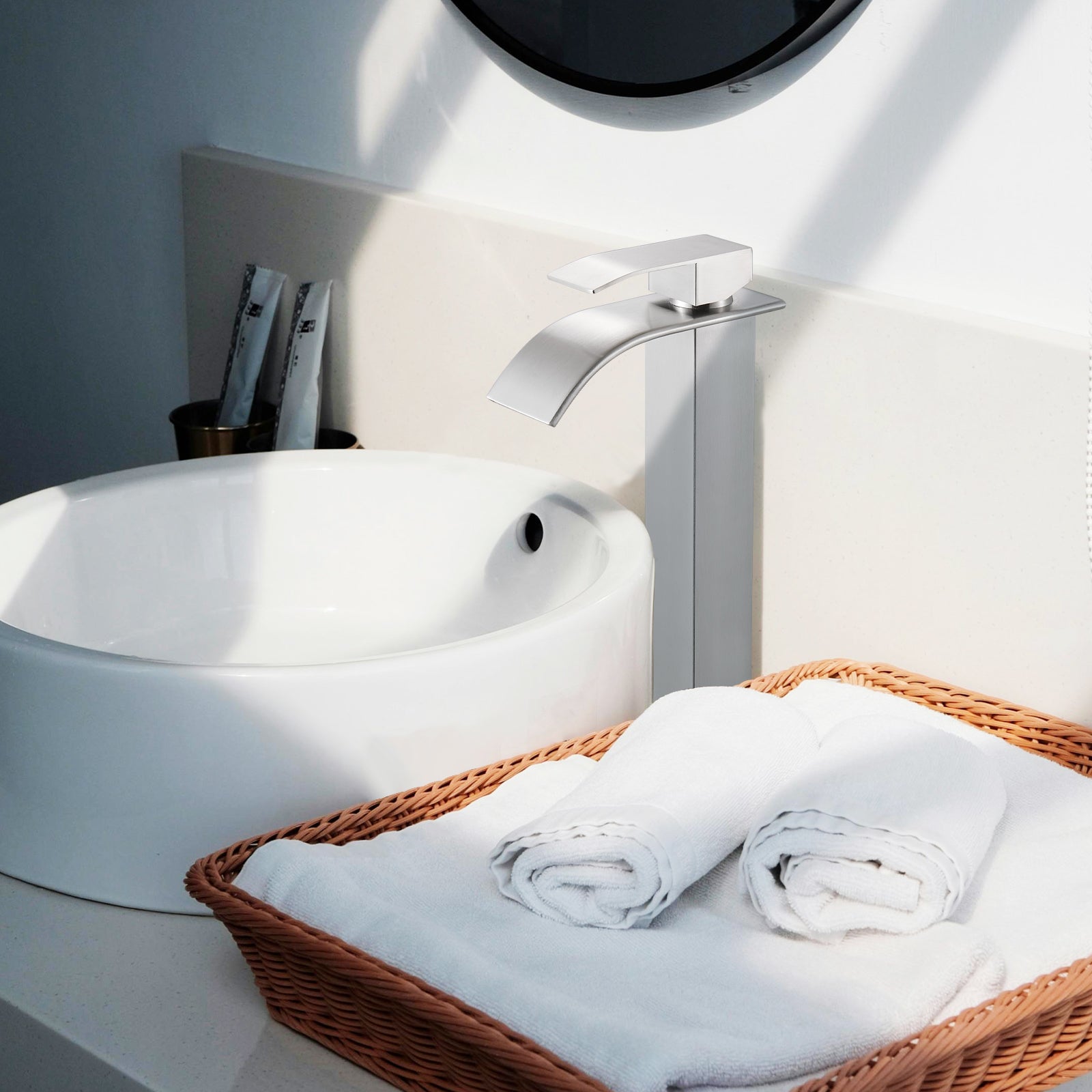 High Arc Waterfall Single Handle Single Hole Bathroom Faucet with Drain Kit Included in Brushed Nickel