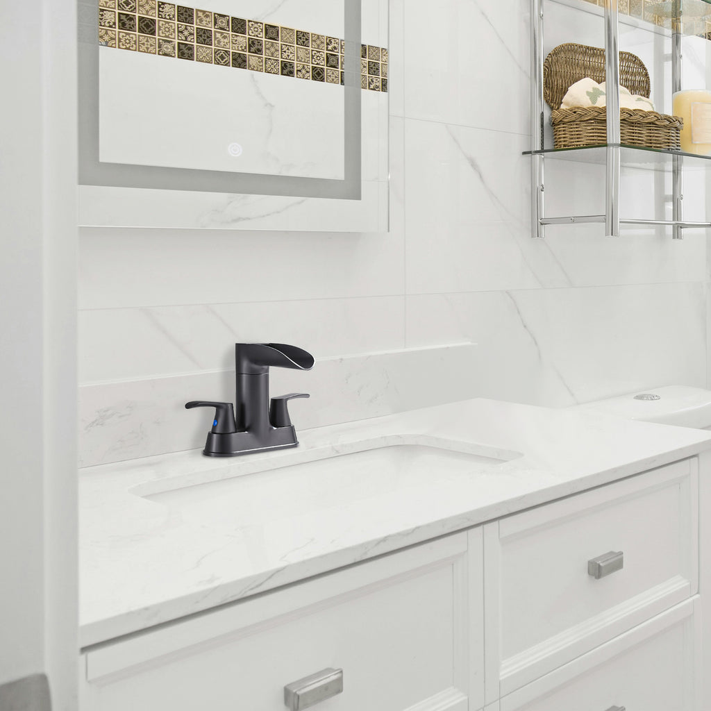 Rotatable 4 in. Centerset Double Bathroom Faucet with Drain kit Included Waterfall Lavatory in Matte Black